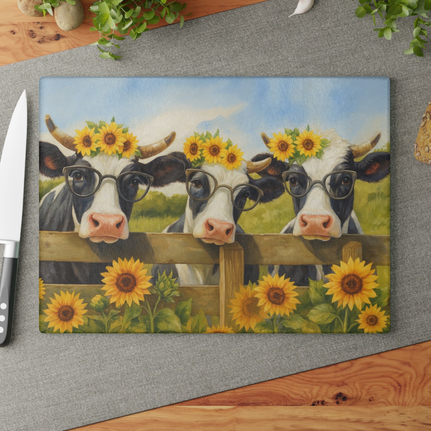 🐮🌻 “Sunflower Cow Trio” Glass Cutting Board – Bright Farmhouse Smiles
