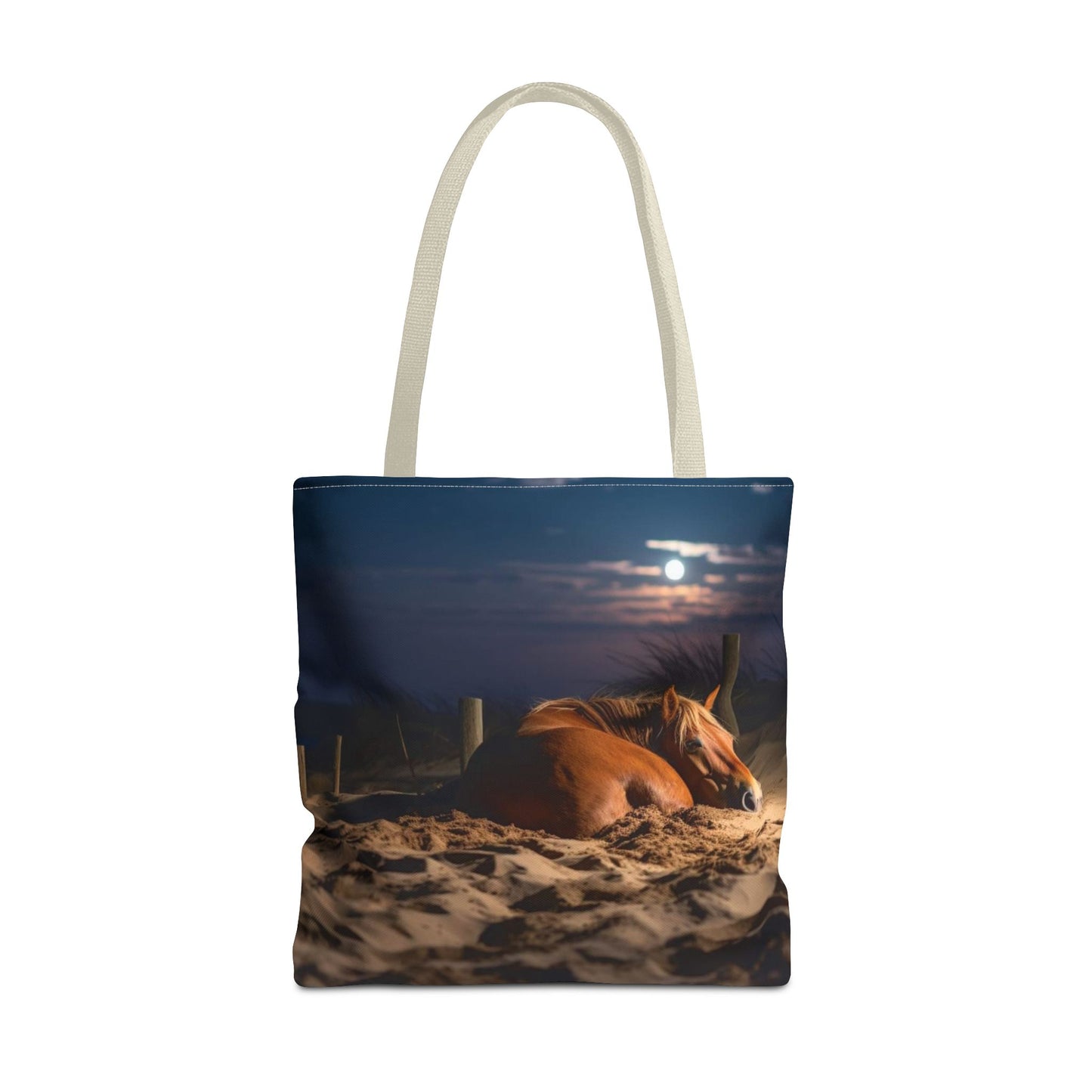Bolsa de tela "Caballo durmiendo en la playa bajo la luz de la luna": una escapada serena a cada paso