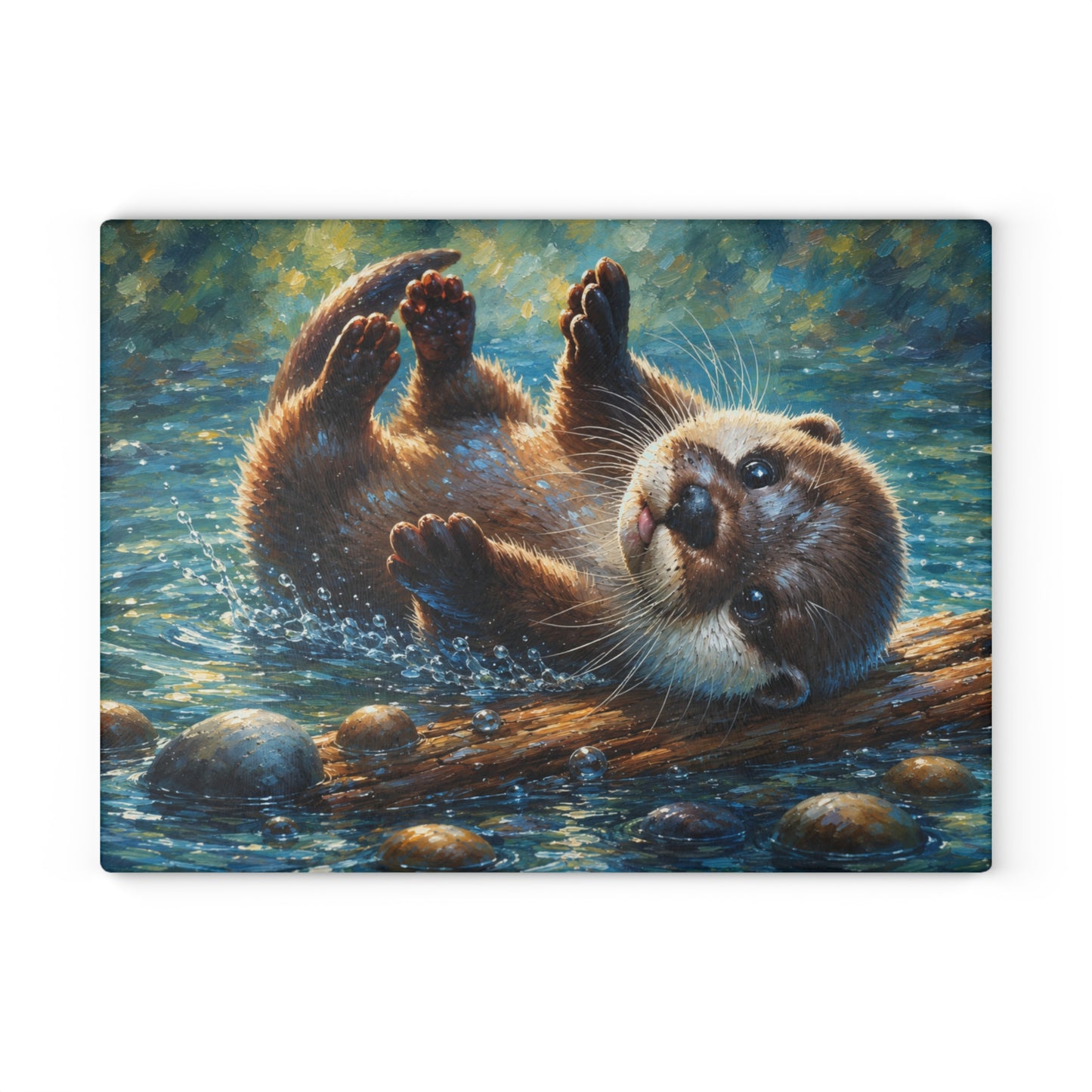 Playful River Otter Glass Cutting Board – Woodland Water Animal Kitchen Decor