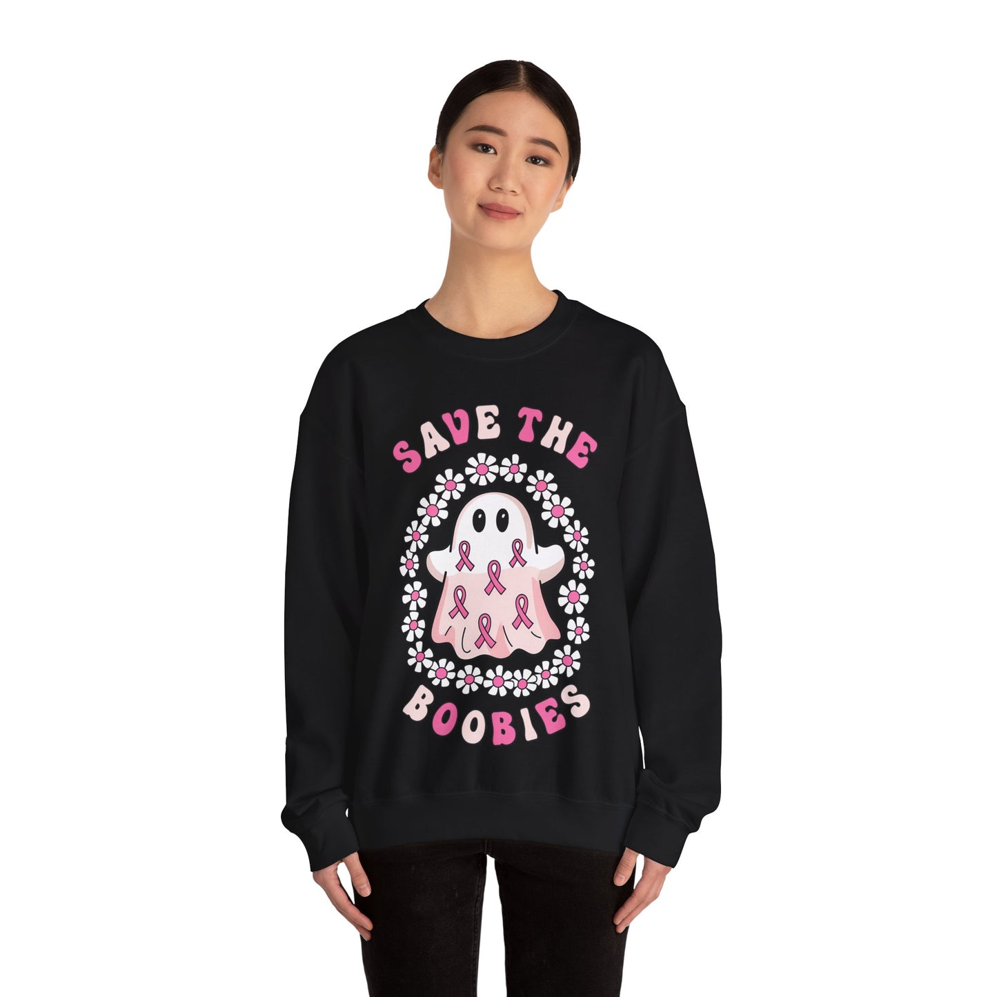 👻🎀 Save the Boobies Ghost Sweatshirt – Cute Breast Cancer Awareness Crewneck