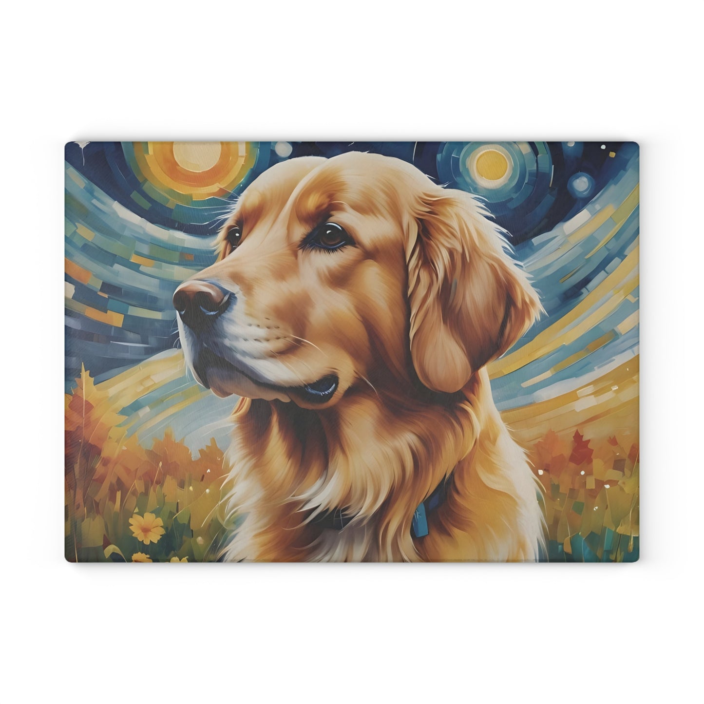 Golden Retriever Glass Cutting Board – Painterly Dog Art Kitchen Display