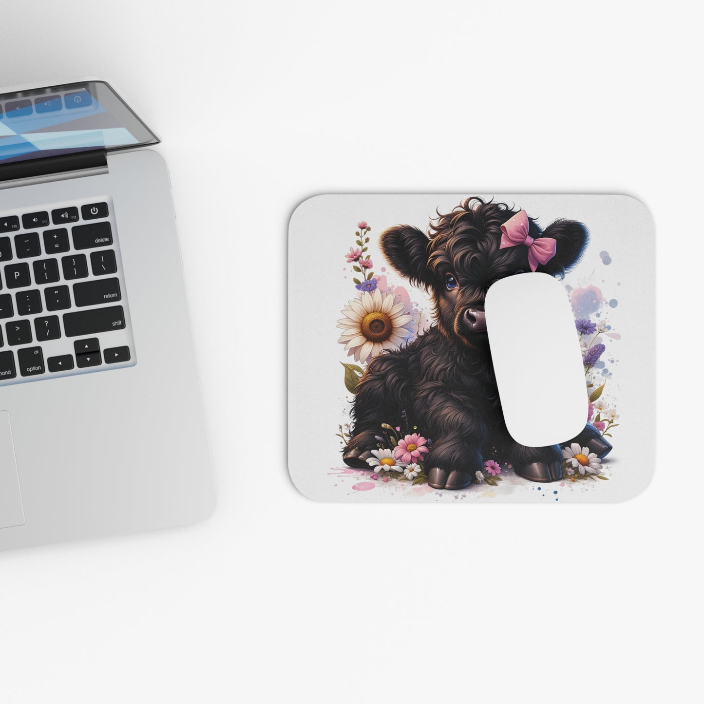 🖱️🌸🐮 Highland Calf with Pink Bow Mouse Pad – Sweet Country Charm for Your Desk