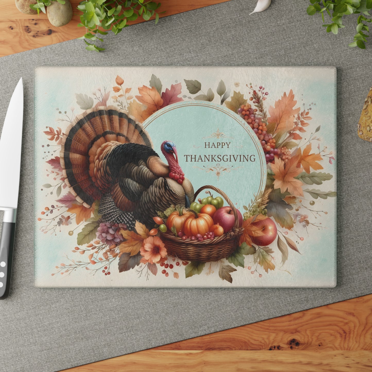 🦃🍁 “Happy Thanksgiving” Turkey & Harvest Basket Glass Cutting Board – Elegant Fall Décor ✨🌾