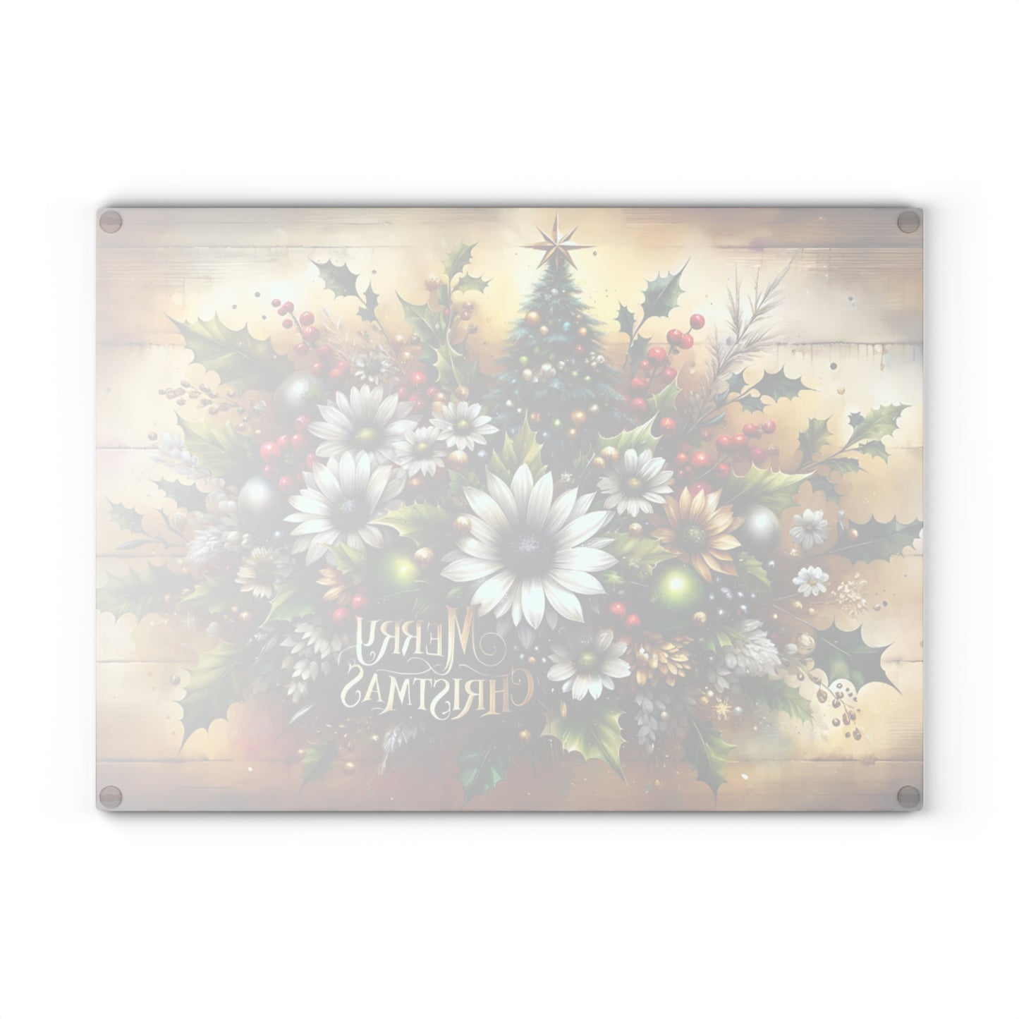 🎄✨ “Merry Christmas Florals” Glass Cutting Board – Festive Farmhouse Glow for Your Kitchen