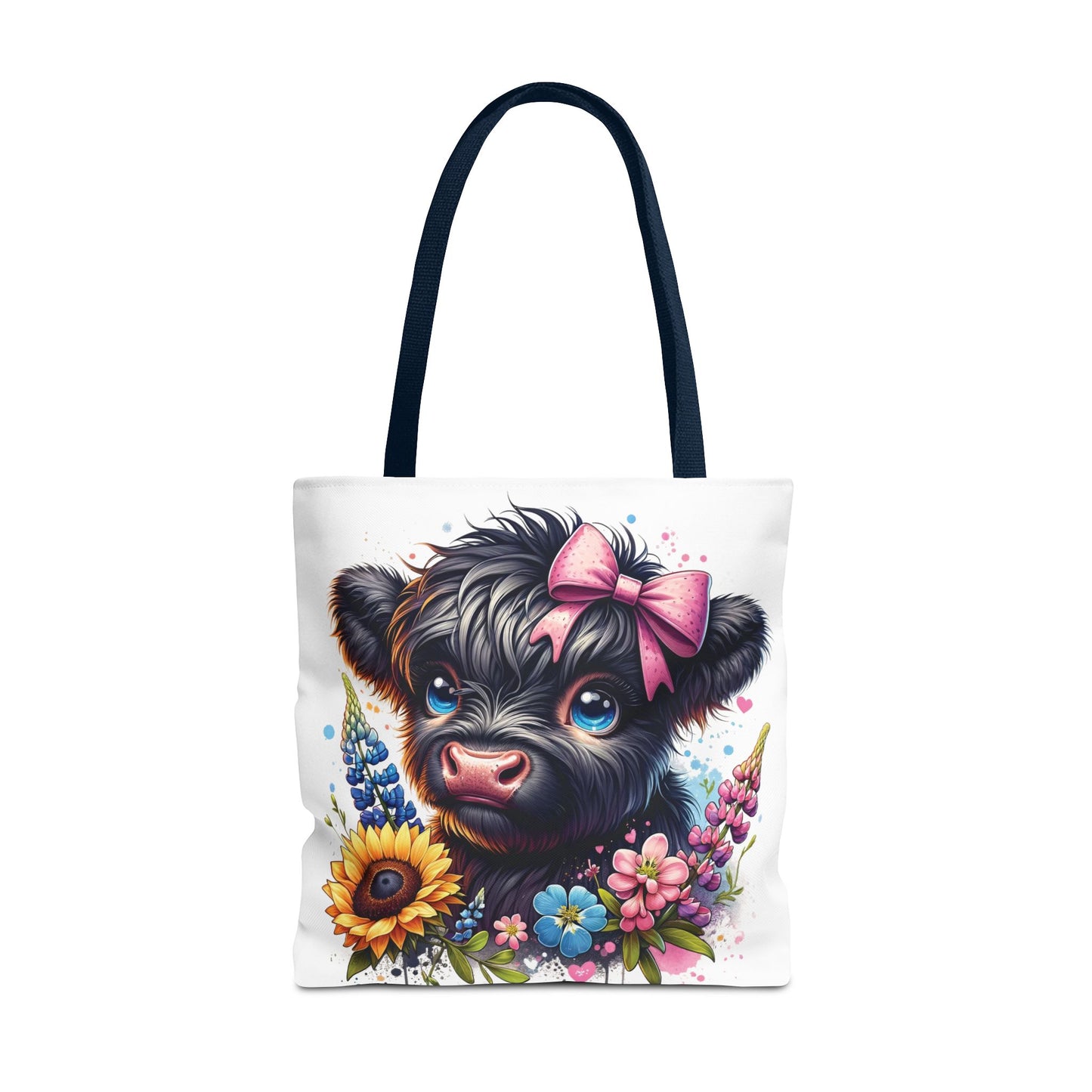 🌸 Black Highland Calf Floral Tote Bag – Sweet Style for Every Age 🐮👜