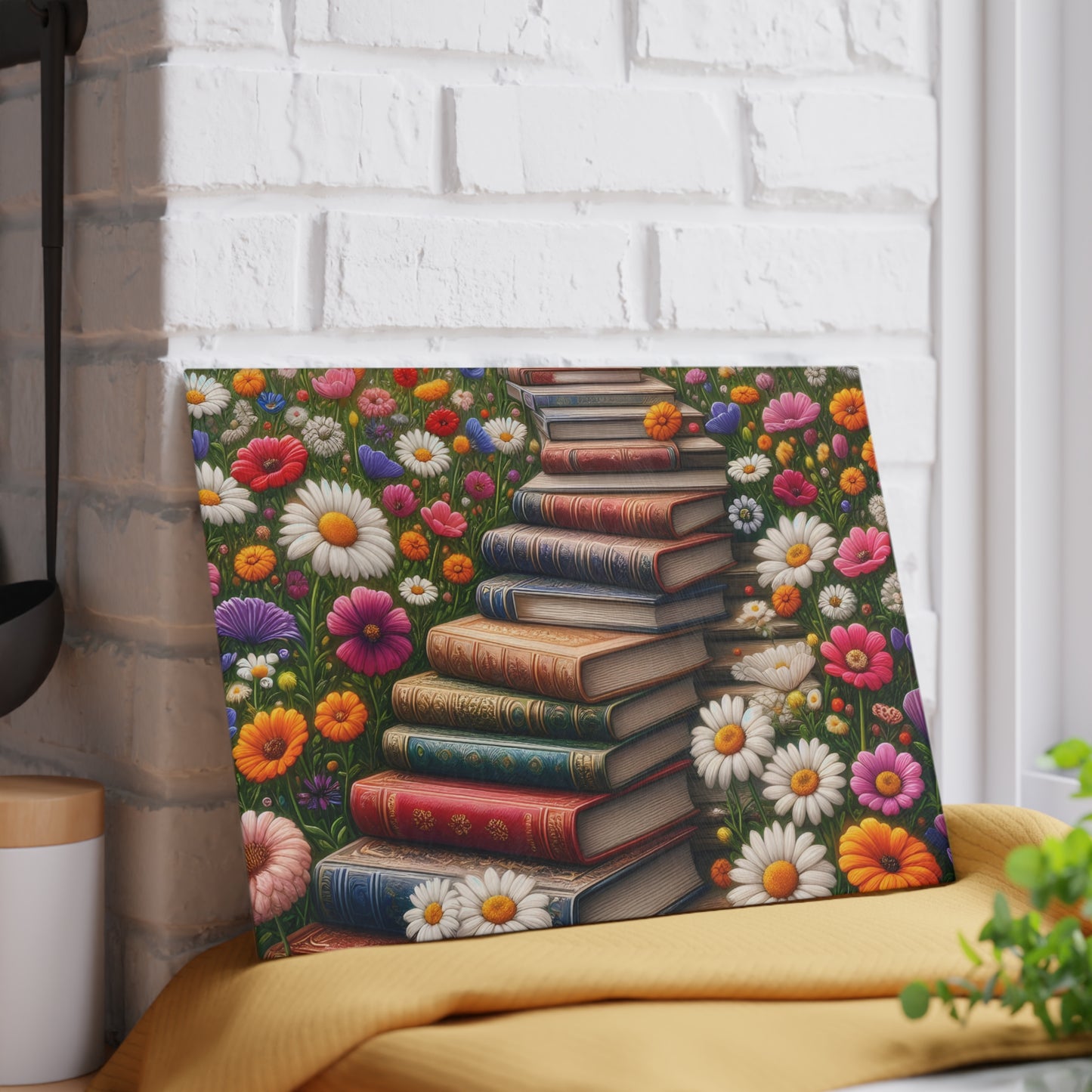 📚 Stacked Books & Wildflowers Cutting Board – Literary Charm Meets Kitchen Elegance 🌸