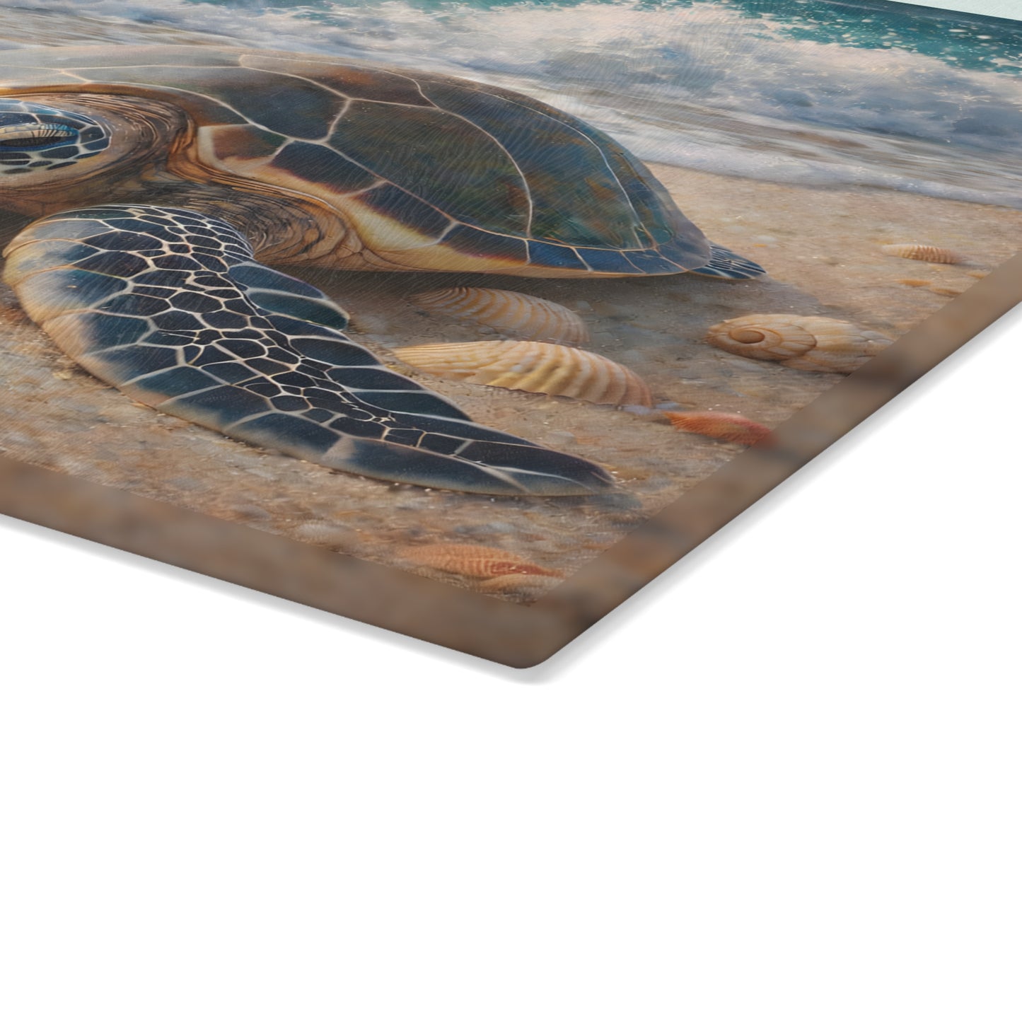 Sea Turtle Shoreline Glass Cutting Board – Coastal Beach Scene with Gentle Ocean Waves