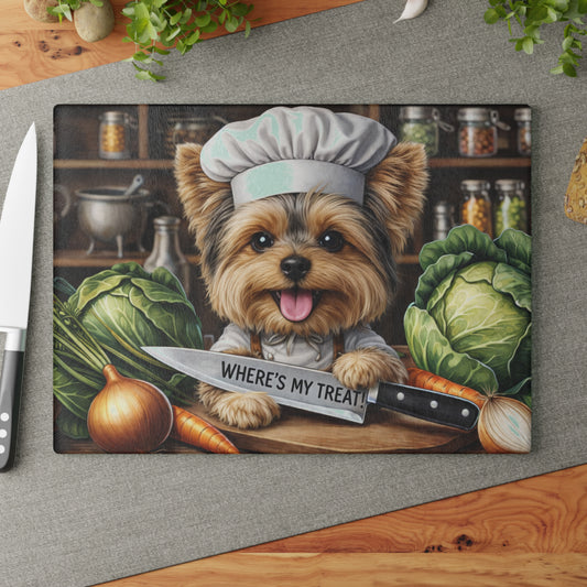 Yorkshire Terrier Chef Glass Cutting Board – “Where’s My Treat!” Playful Kitchen Art
