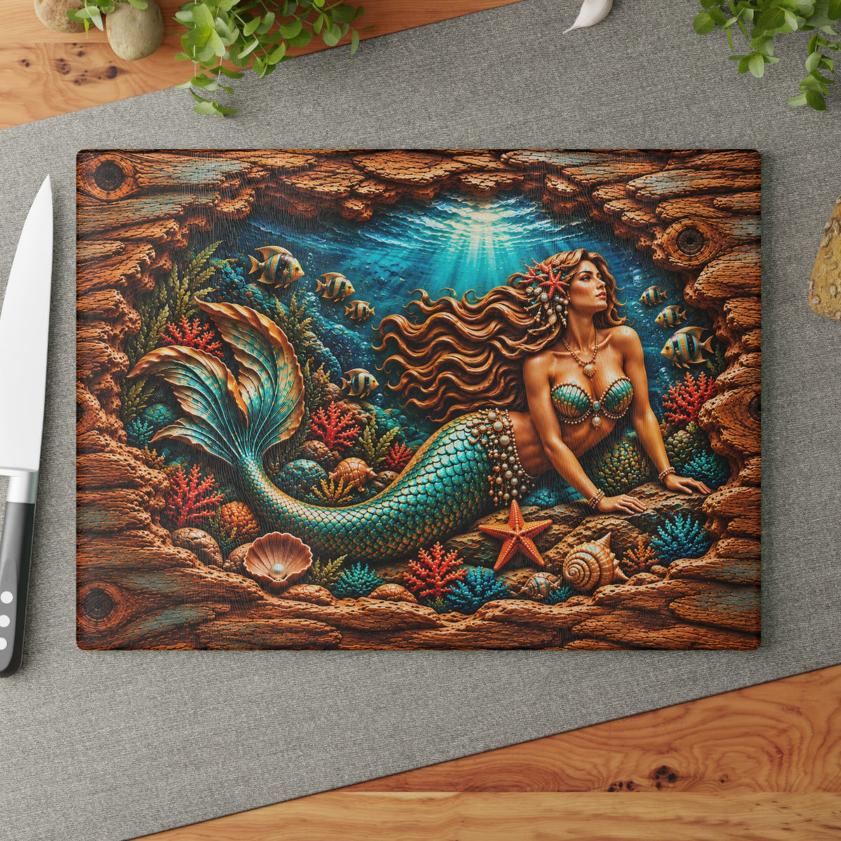 Enchanted Mermaid Glass Cutting Board – Turquoise Tail, Tropical Fish, Coral Reef & 3D Carved Wood Look