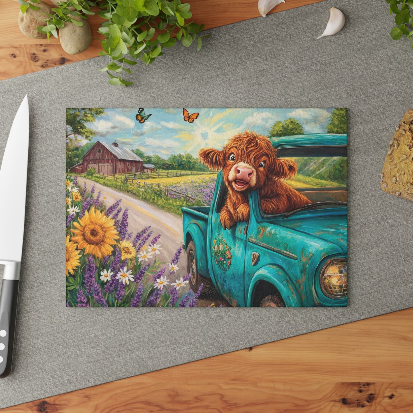 🚚🌼 Excited Baby Highland Cow in Old Truck Glass Cutting Board – Farm Road Joyride with Sunflowers & Barn 🐮🌻