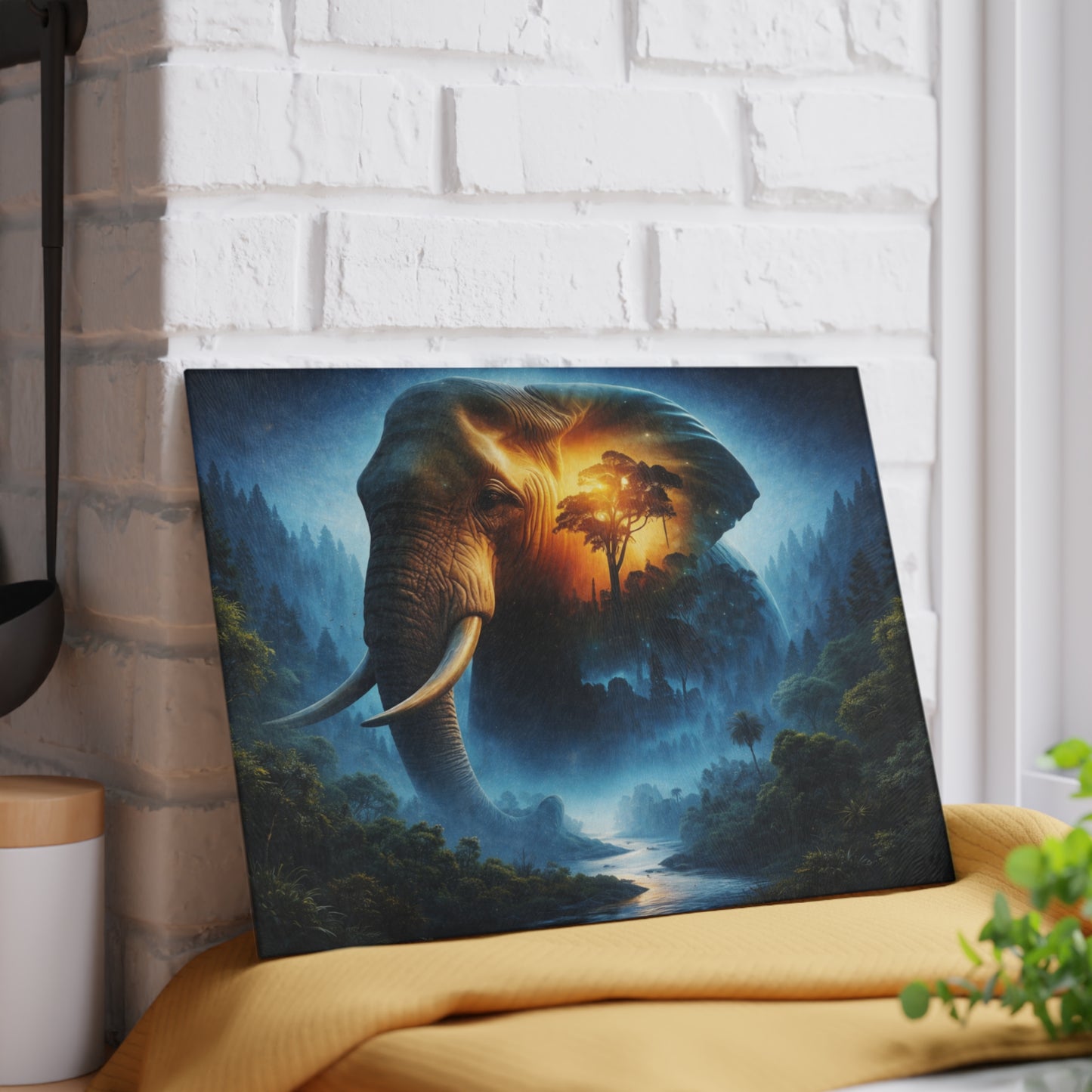 Cosmic Elephant Spirit Forest Glass Cutting Board – Mystical Wildlife Nature Kitchen Art
