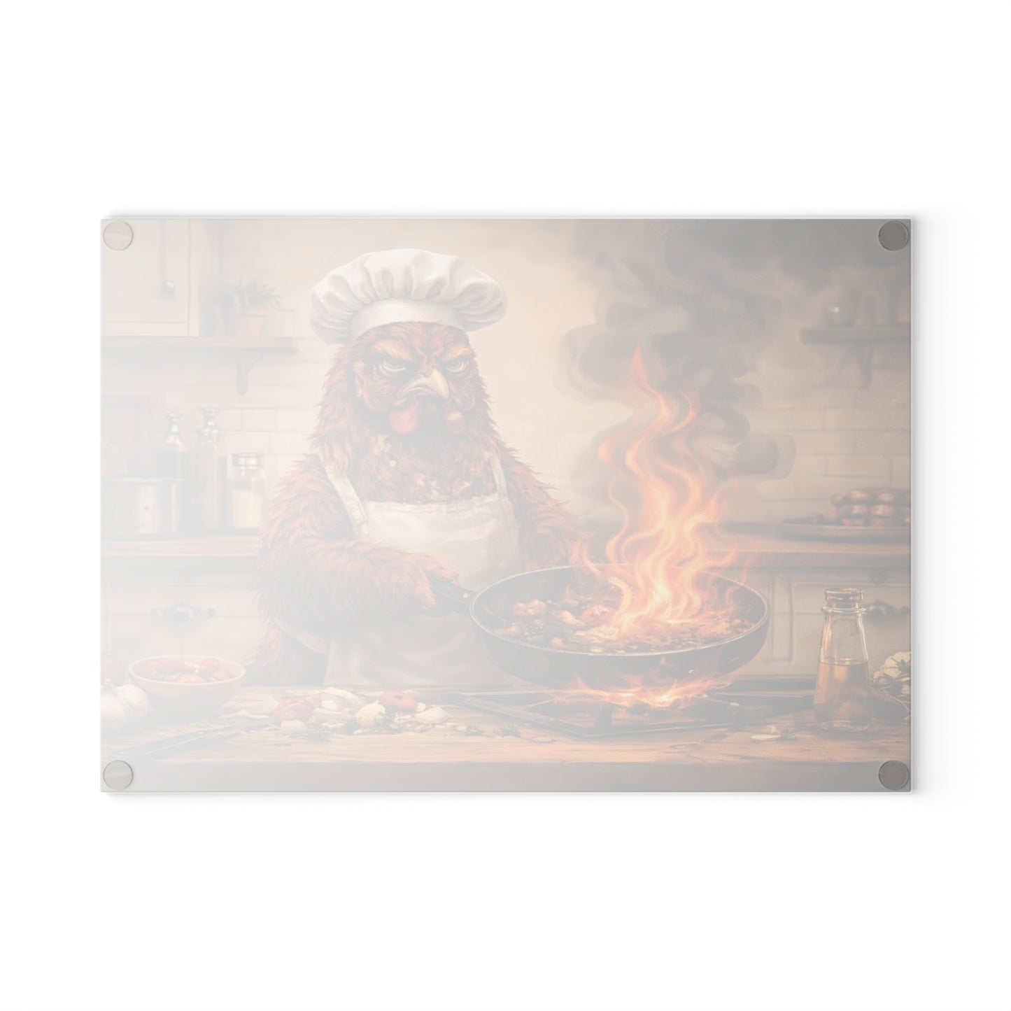 Angry Chicken Chef Glass Cutting Board – Funny Kitchen Chaos Farm Art