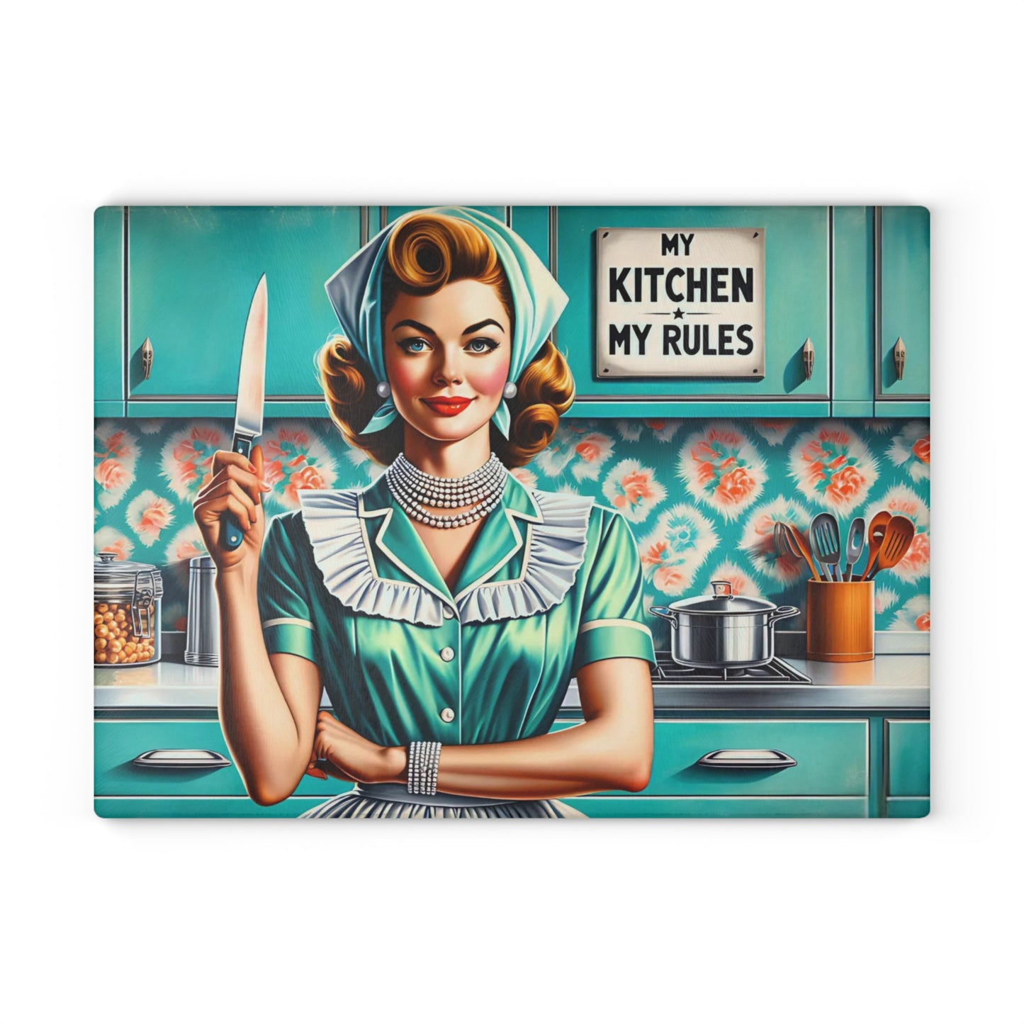 🍒✨ “Retro Kitchen Queen – My Kitchen, My Rules!” Glass Cutting Board – Sassy Vintage Charm