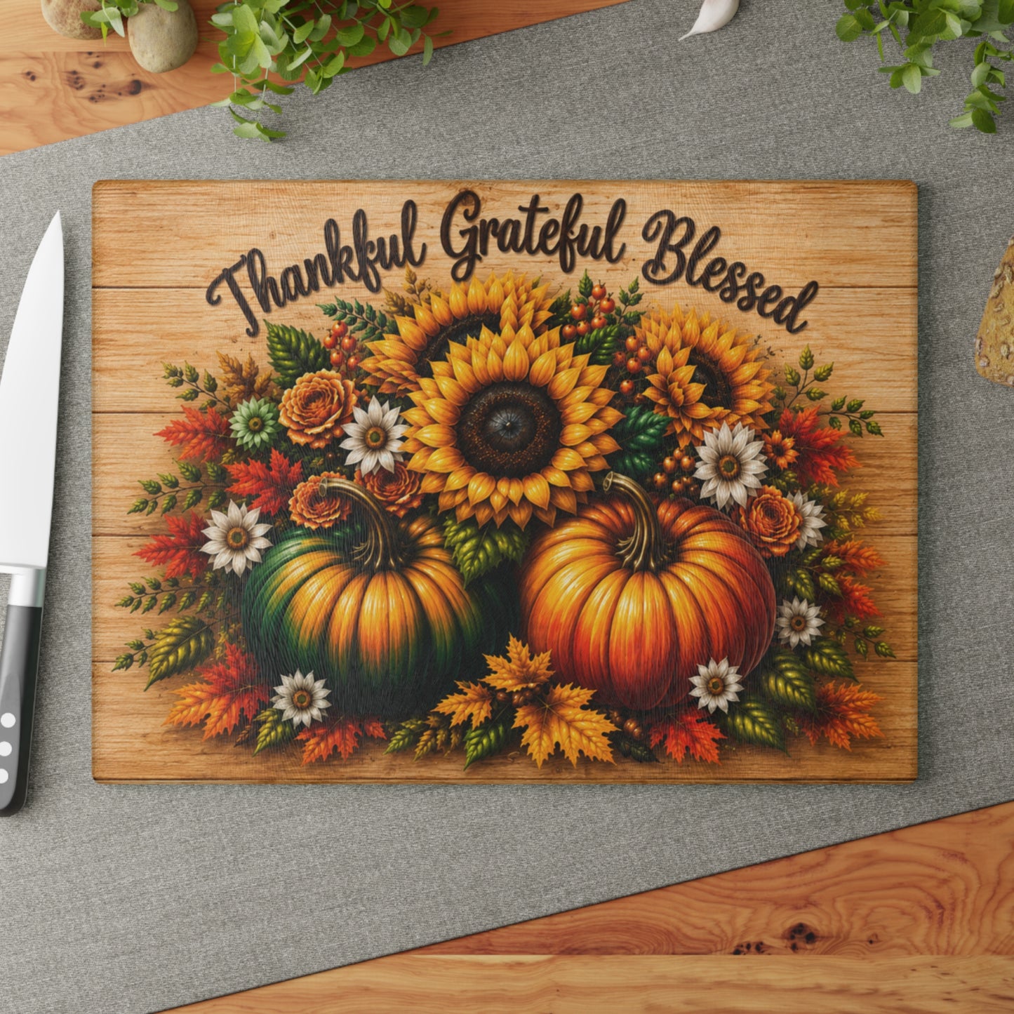 Thankful Grateful Blessed Sunflower & Pumpkin Glass Cutting Board – Fall Autumn Kitchen Decor