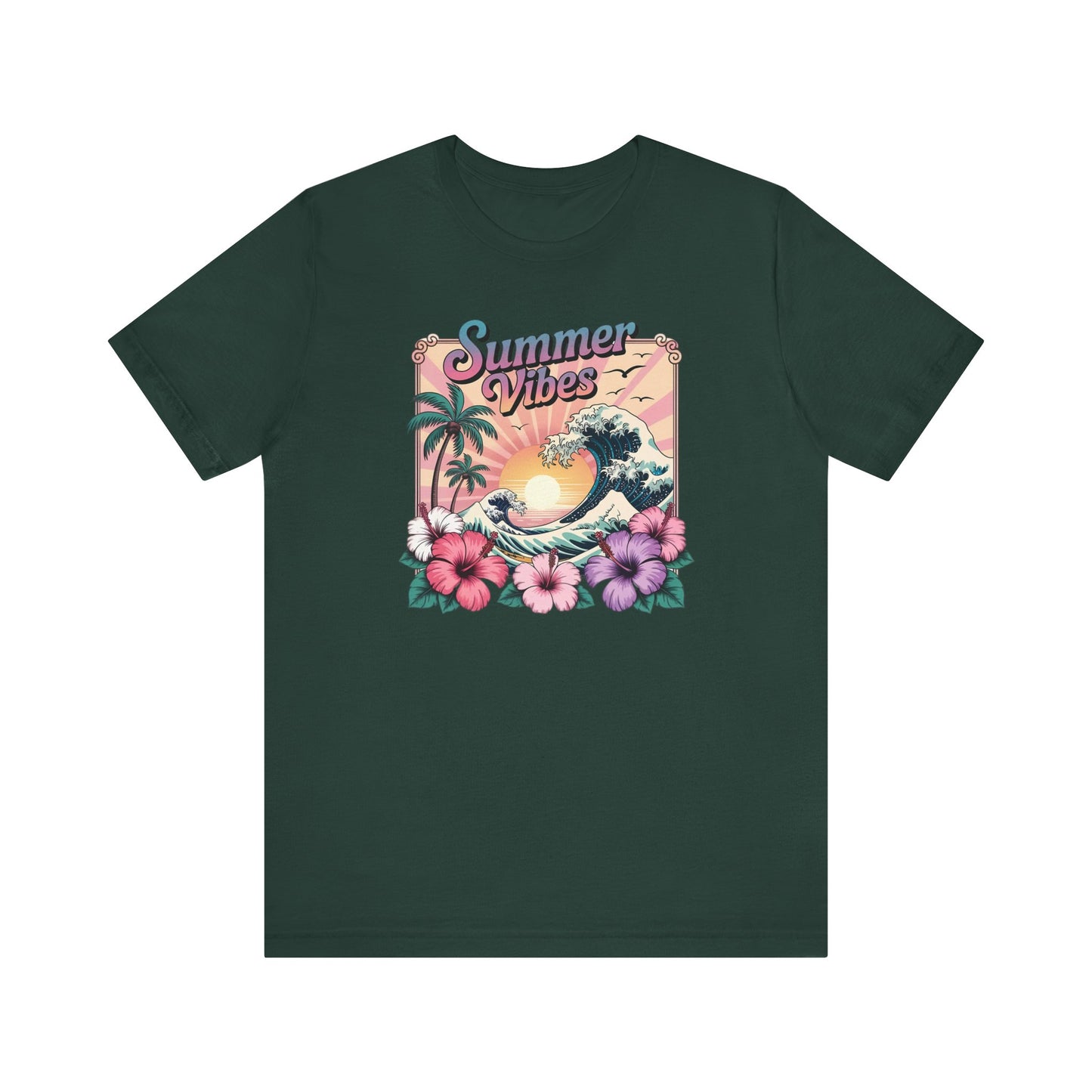 ☀️ Camiseta Summer Vibes – Ola playera vibrante, hibisco y palmeras | Camiseta gráfica para mujer