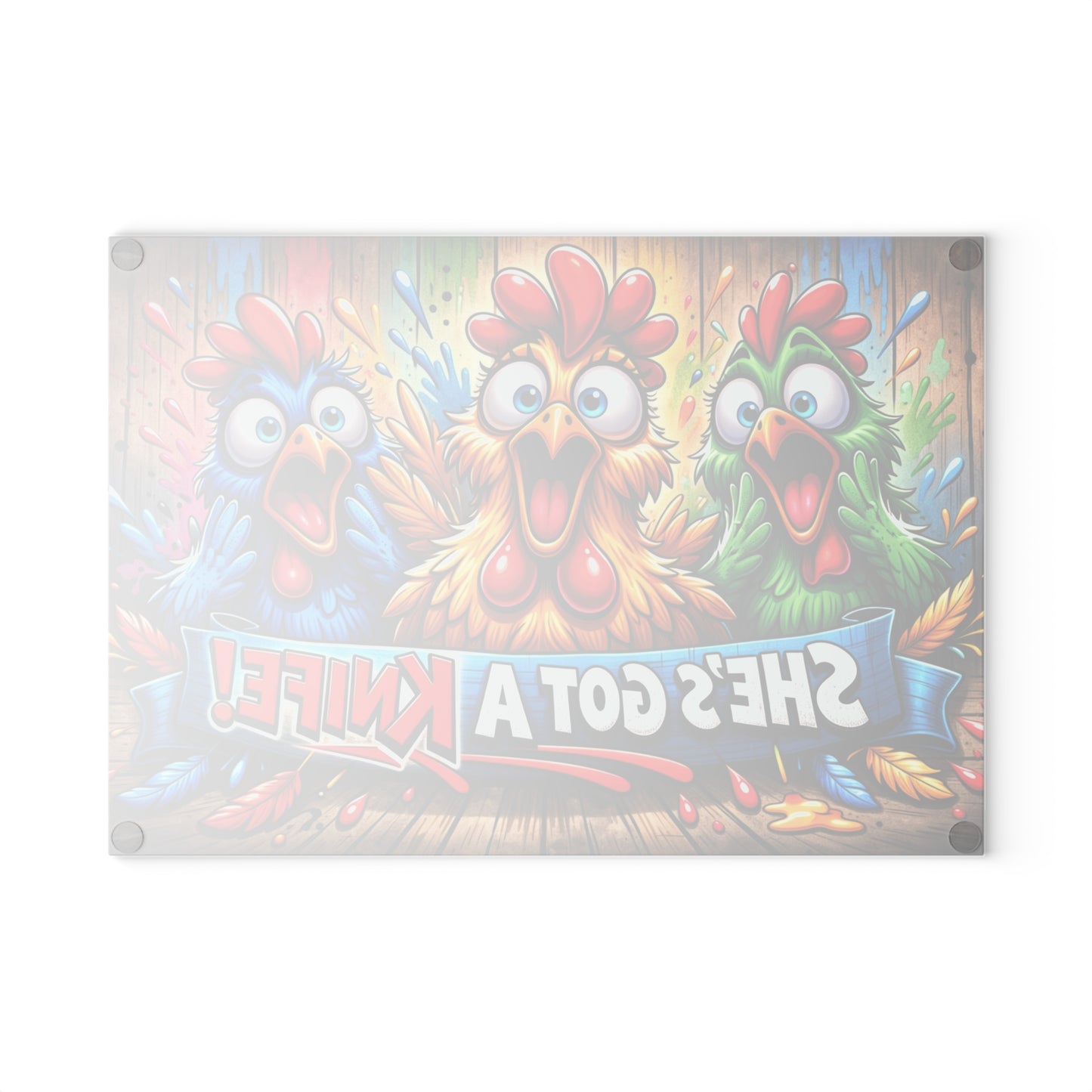 She’s Got a Knife! Glass Cutting Board – Loud Color Chicken Farmhouse Artwork