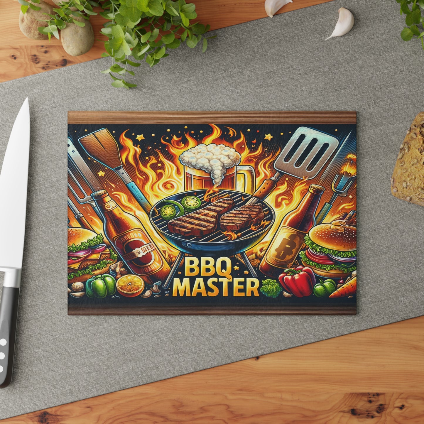 🔥🥩 BBQ Master Cutting Board – Bold Grill Lover’s Kitchen Décor with Flames & Flavor 🍔🍺