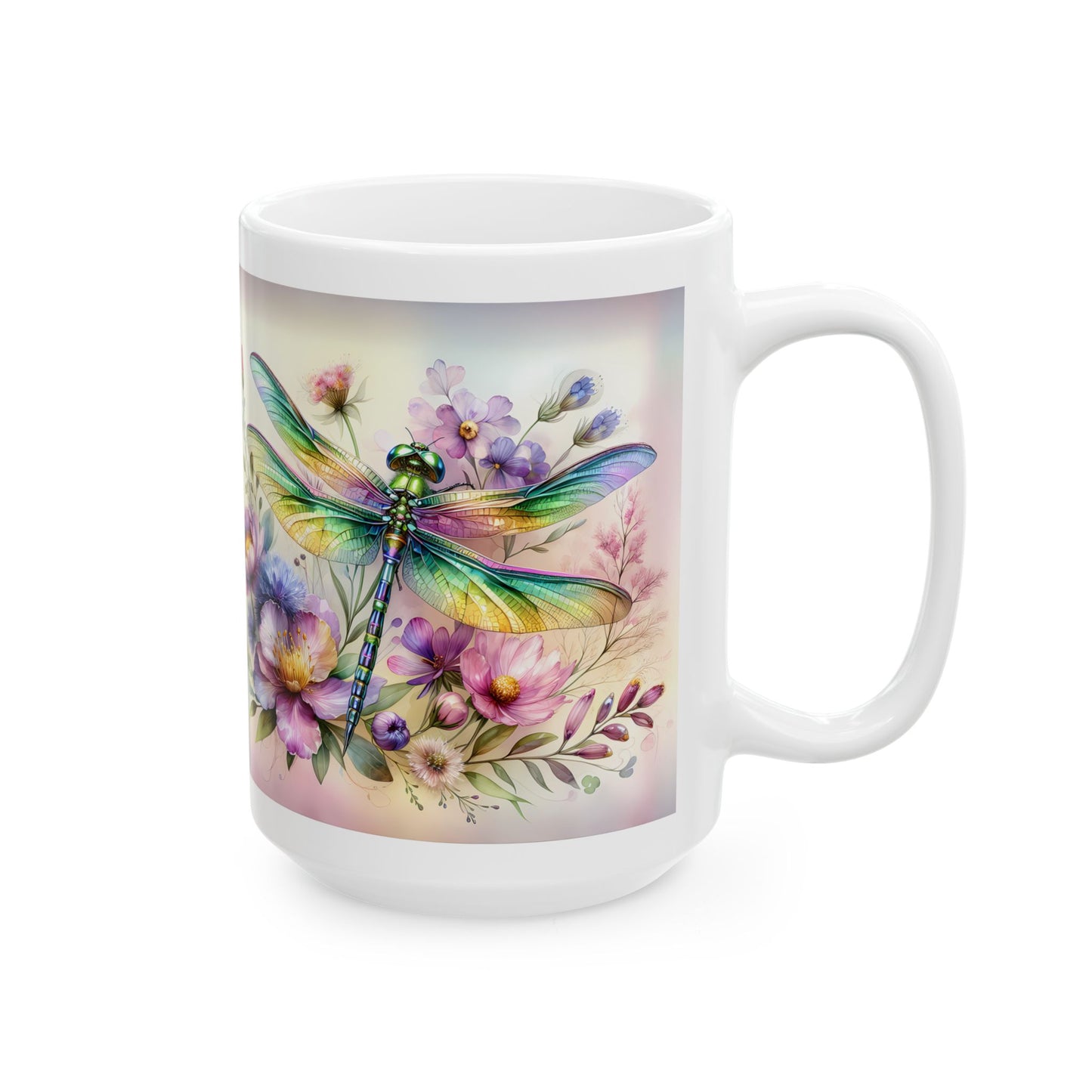 Libélula arcoíris y jardín de flores silvestres: envoltorio floral para tazas para amantes de la naturaleza ☕