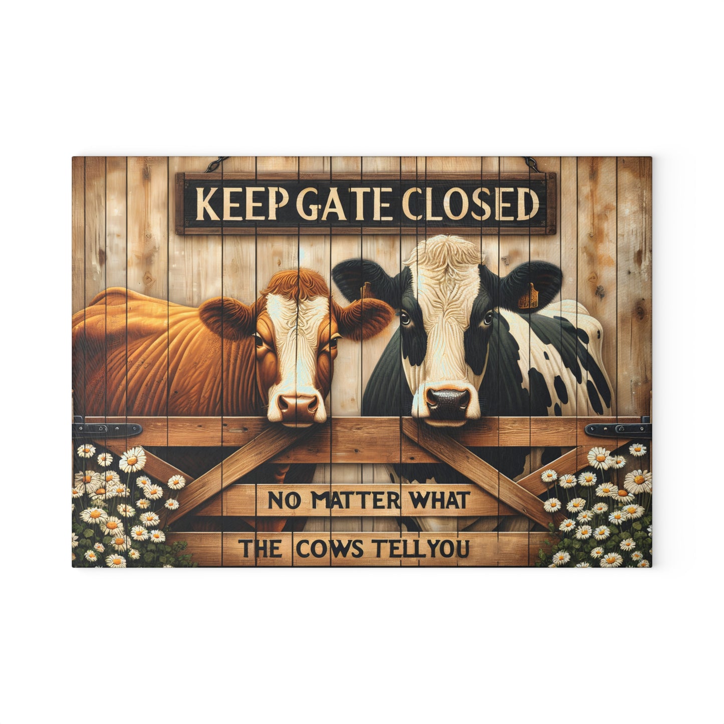 🐮 Keep Gate Closed Cow Cutting Board – Funny Farmhouse Charm for Your Kitchen
