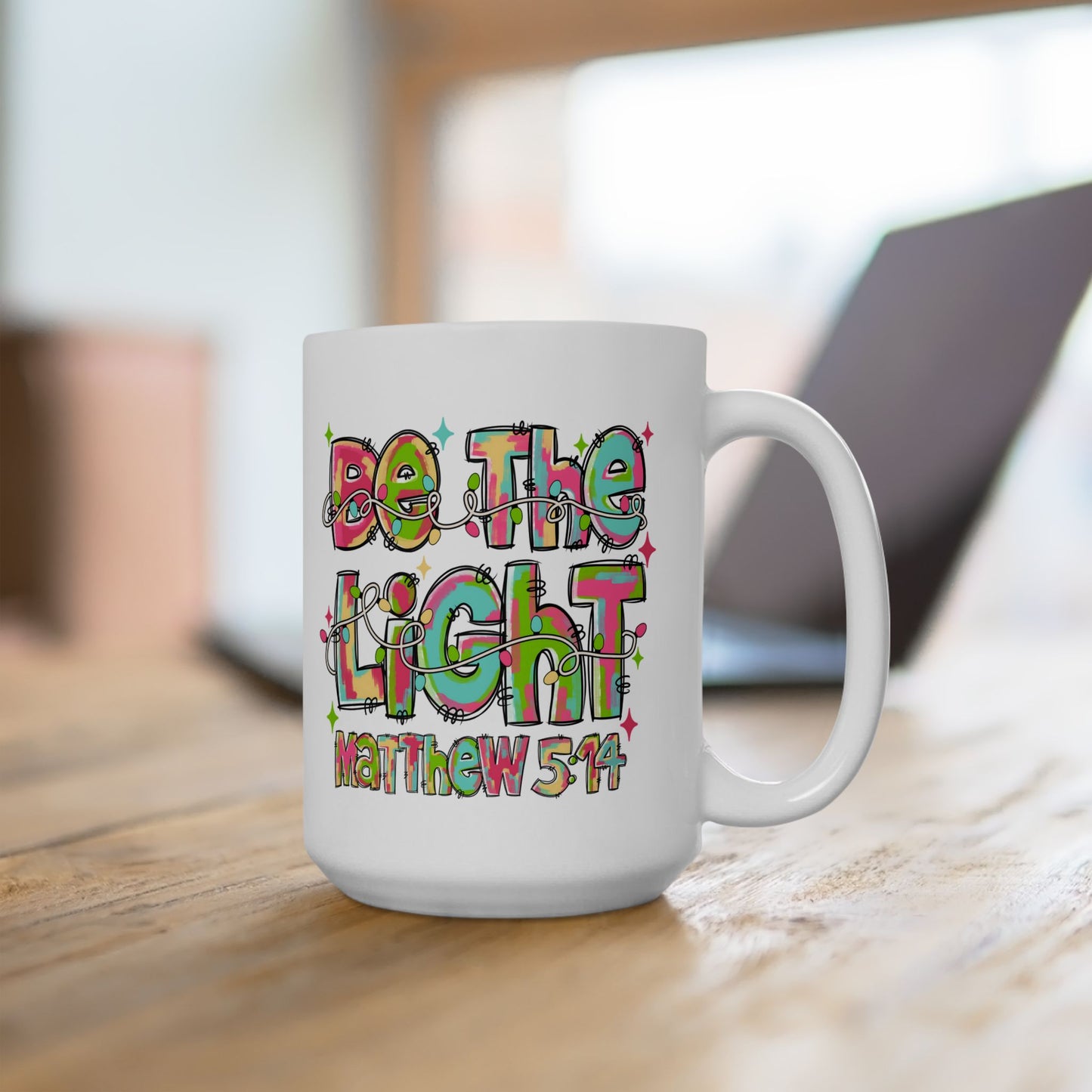 ☕ Be the Light Matthew 5:14 Mug – Colorful Faith & Christmas Cheer 🌟🎄