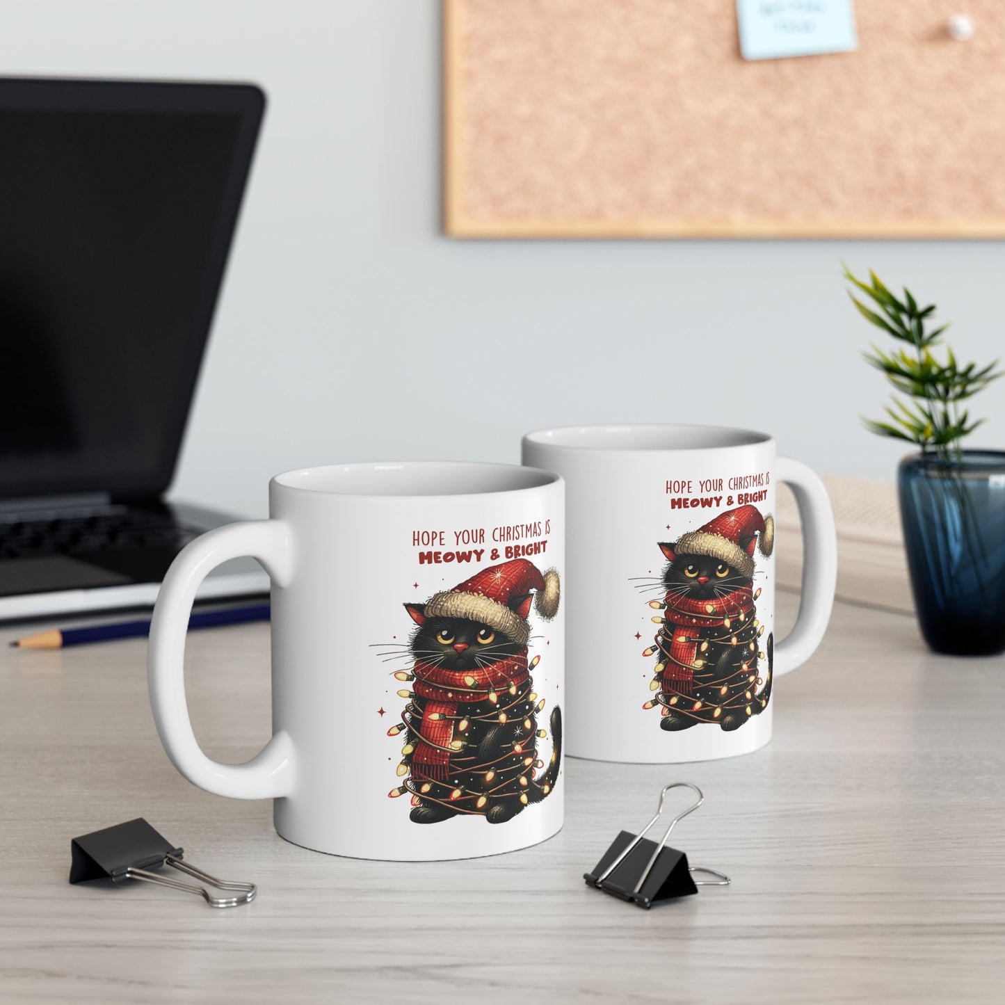 🐾🎄 Meowy & Bright Cat Christmas Mug – Festive Black Cat with Lights & Sass 🎅✨