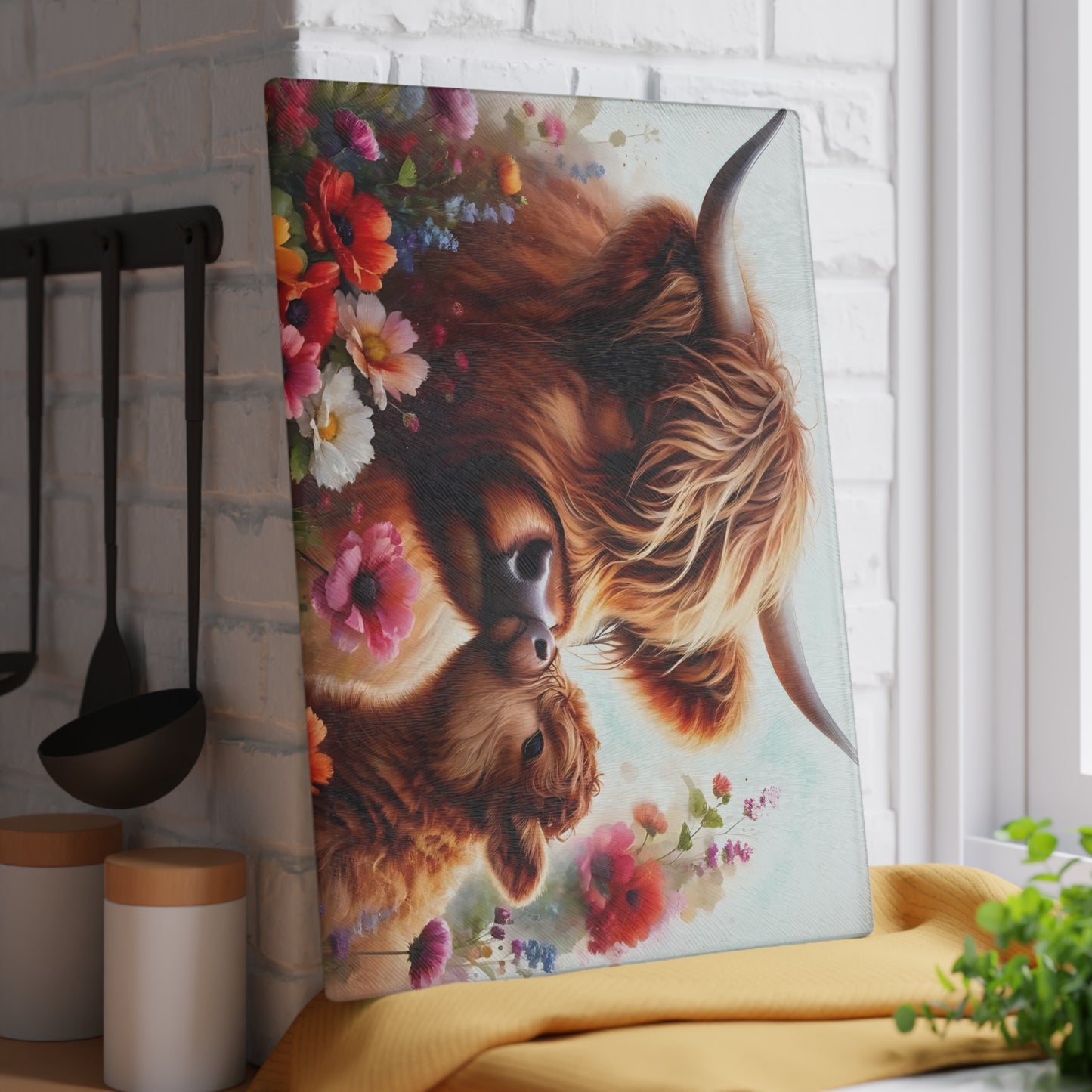 🐮🌸 Highland Cow & Calf Cutting Board – Rustic Love in Bloom 🌼❤️