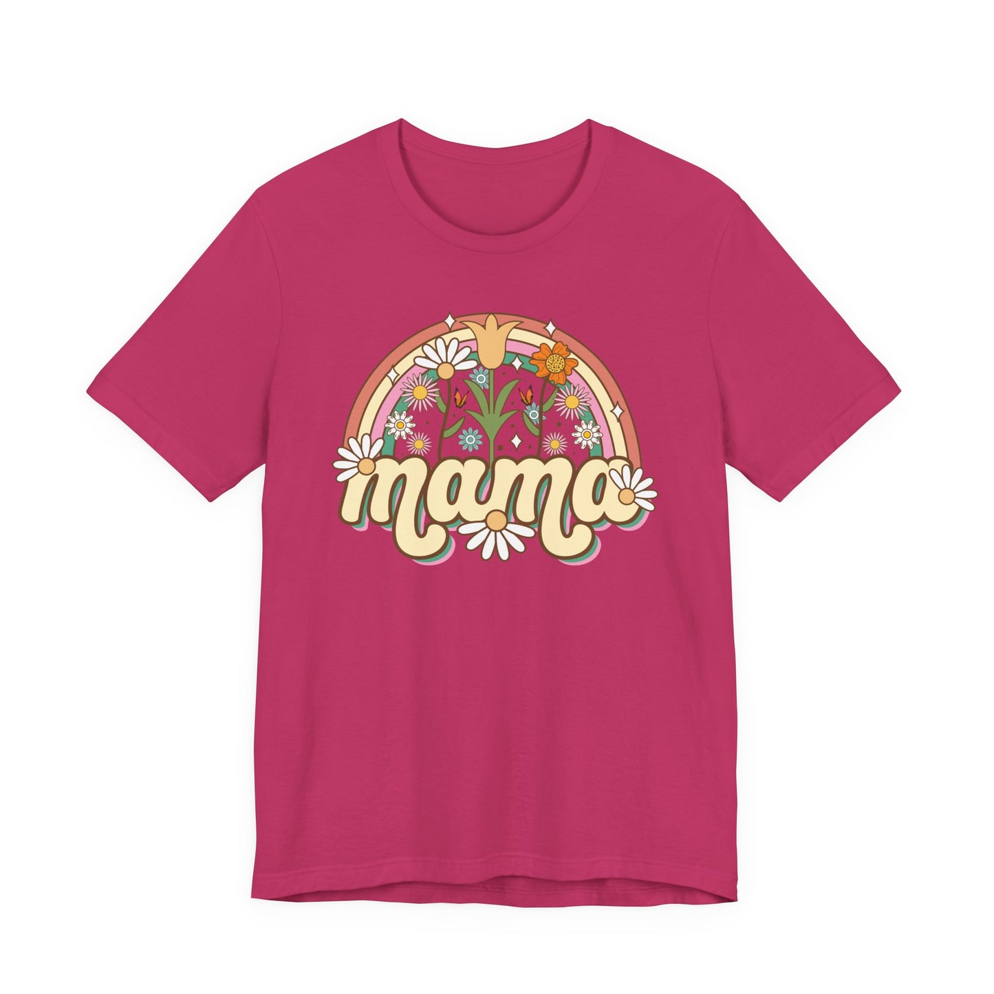 🌼🌈 Retro Floral Mama T-Shirt – Boho Rainbow Graphic Tee for Moms 🌻✨
