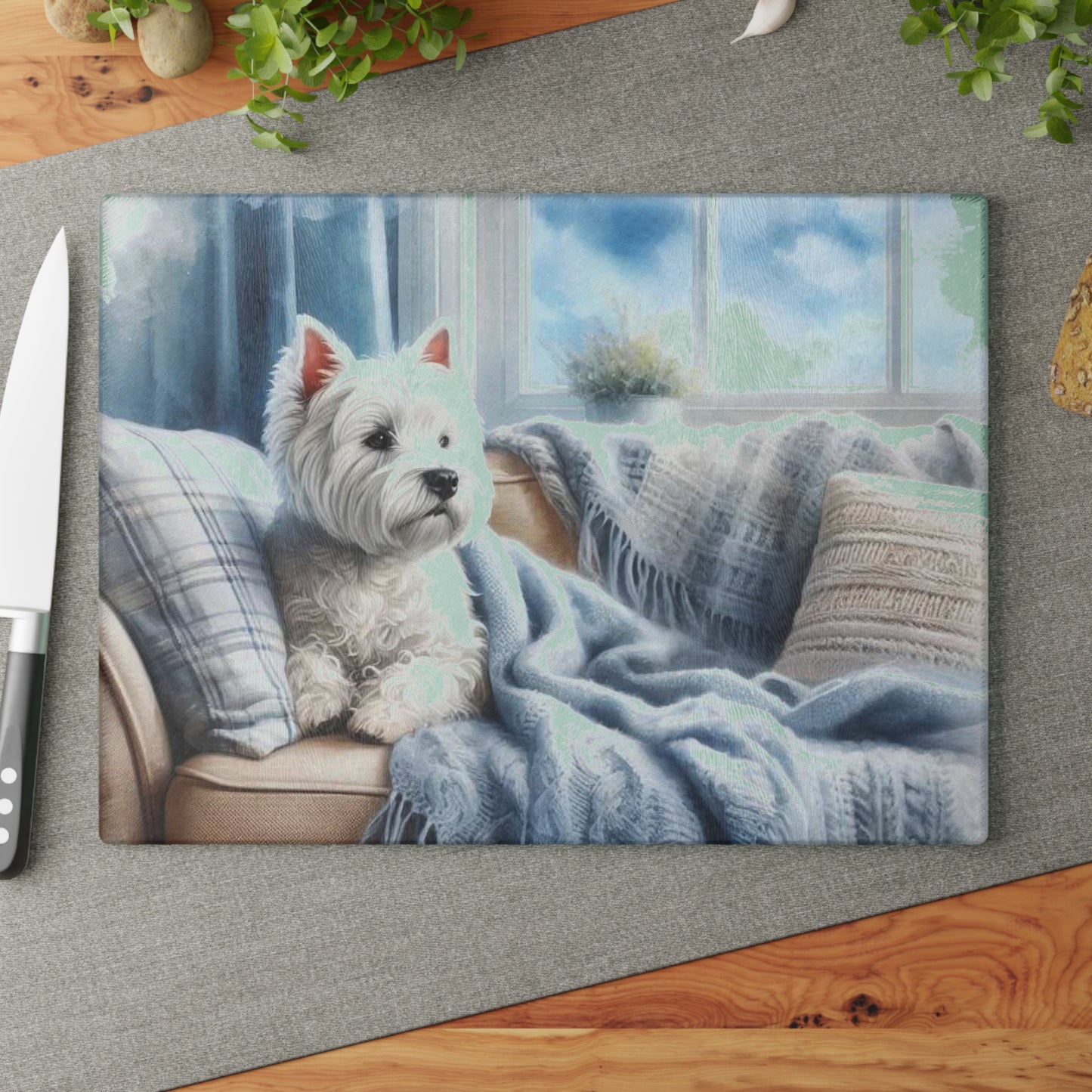 🐶 Cozy Westie by the Window Cutting Board – Relaxed Charm for Your Kitchen 🪟