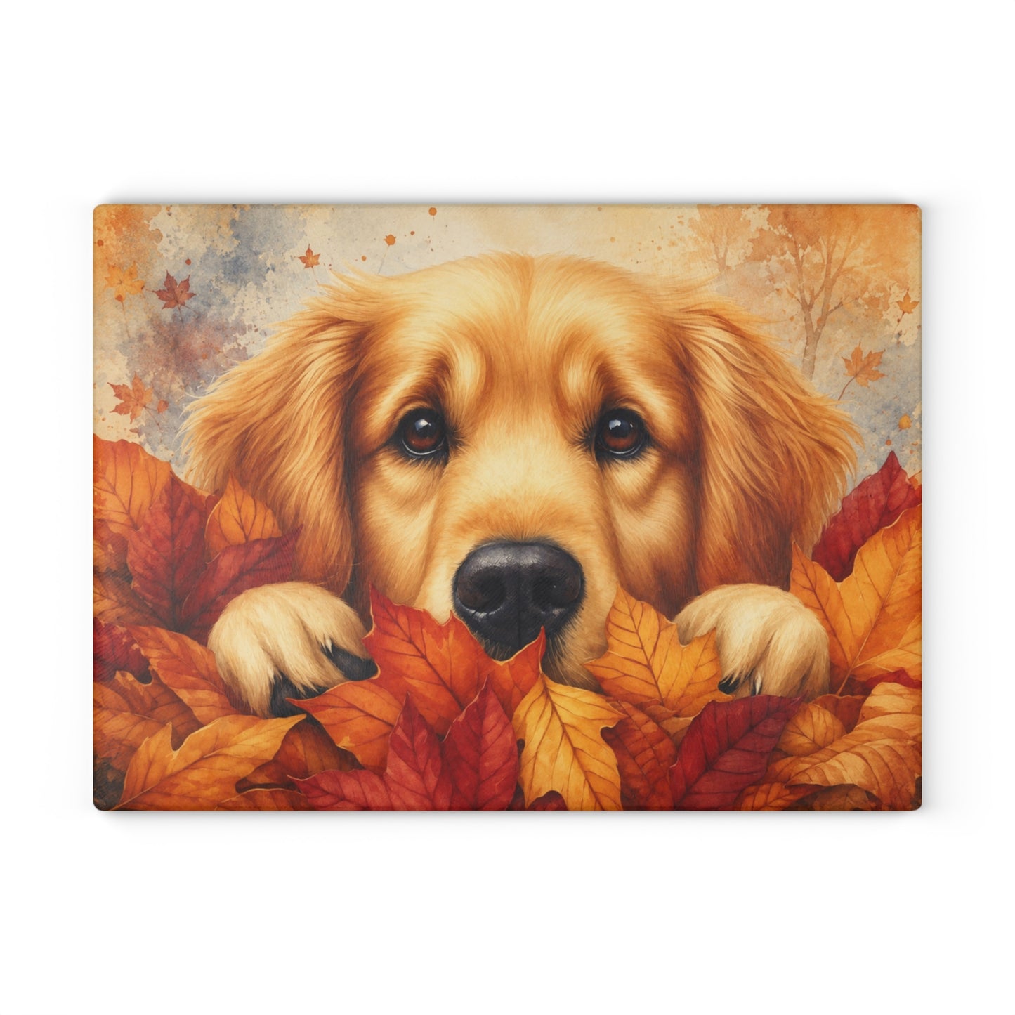 Golden Retriever Autumn Leaves Glass Cutting Board – Cozy Fall Dog Kitchen Décor