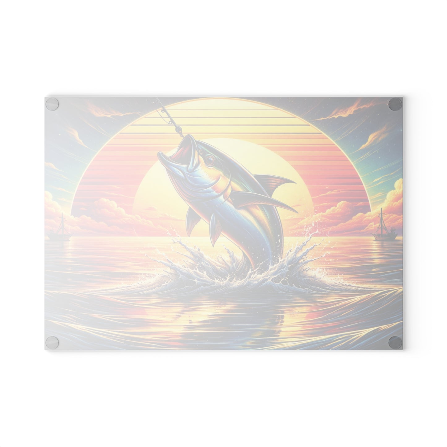 Retro Sunset Fishing Glass Cutting Board – Vibrant Ocean Angler Kitchen Art
