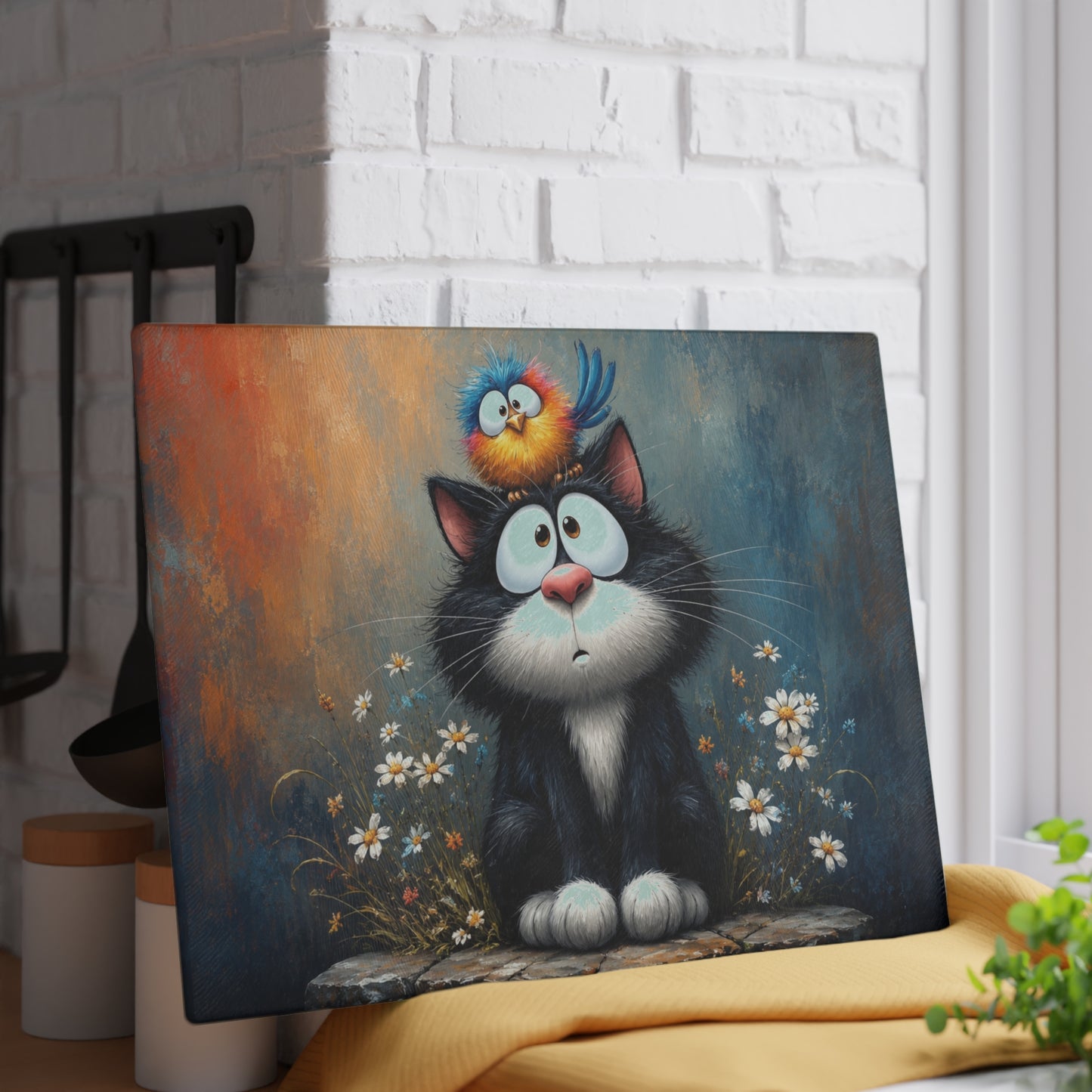 Funny Cat & Bird Glass Cutting Board – Whimsical Cartoon Cat Kitchen Decor, Cute Animal Lover Gift