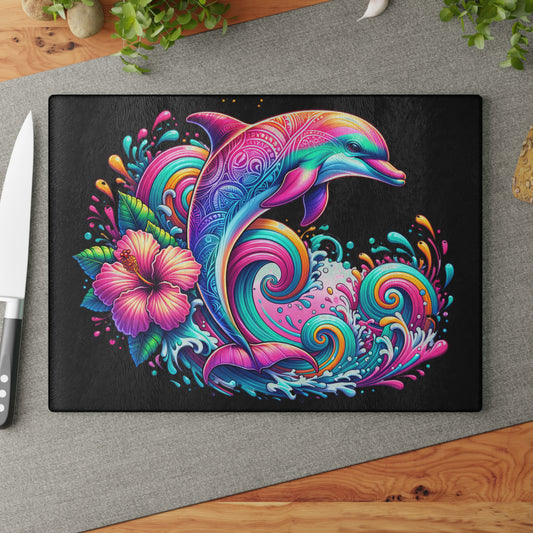 Tabla de cortar de vidrio con diseño de delfín y brisa marina | Decoración de cocina con vida marina