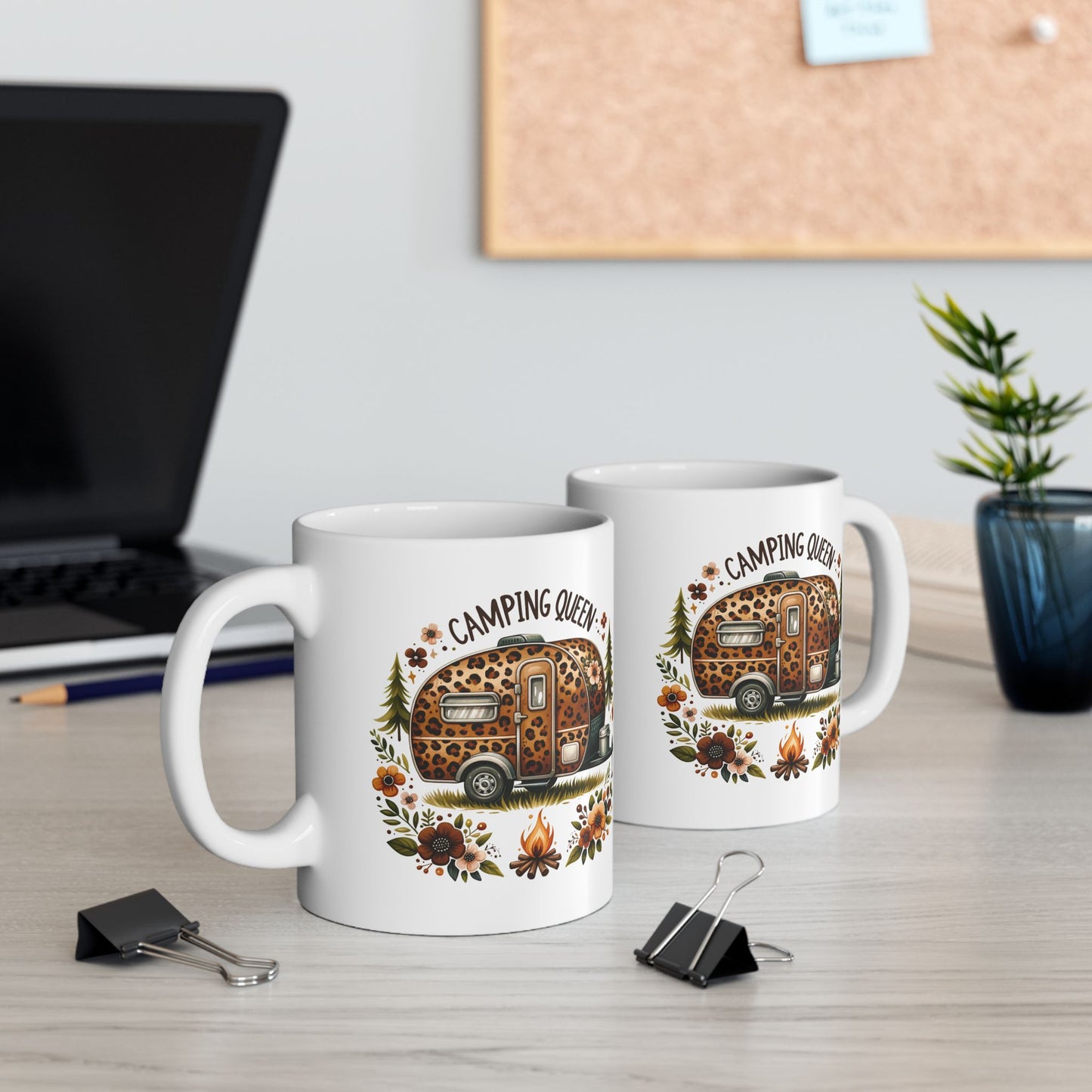 🏕️ Camping Queen – Leopard Print Camper Coffee Mug 🌸