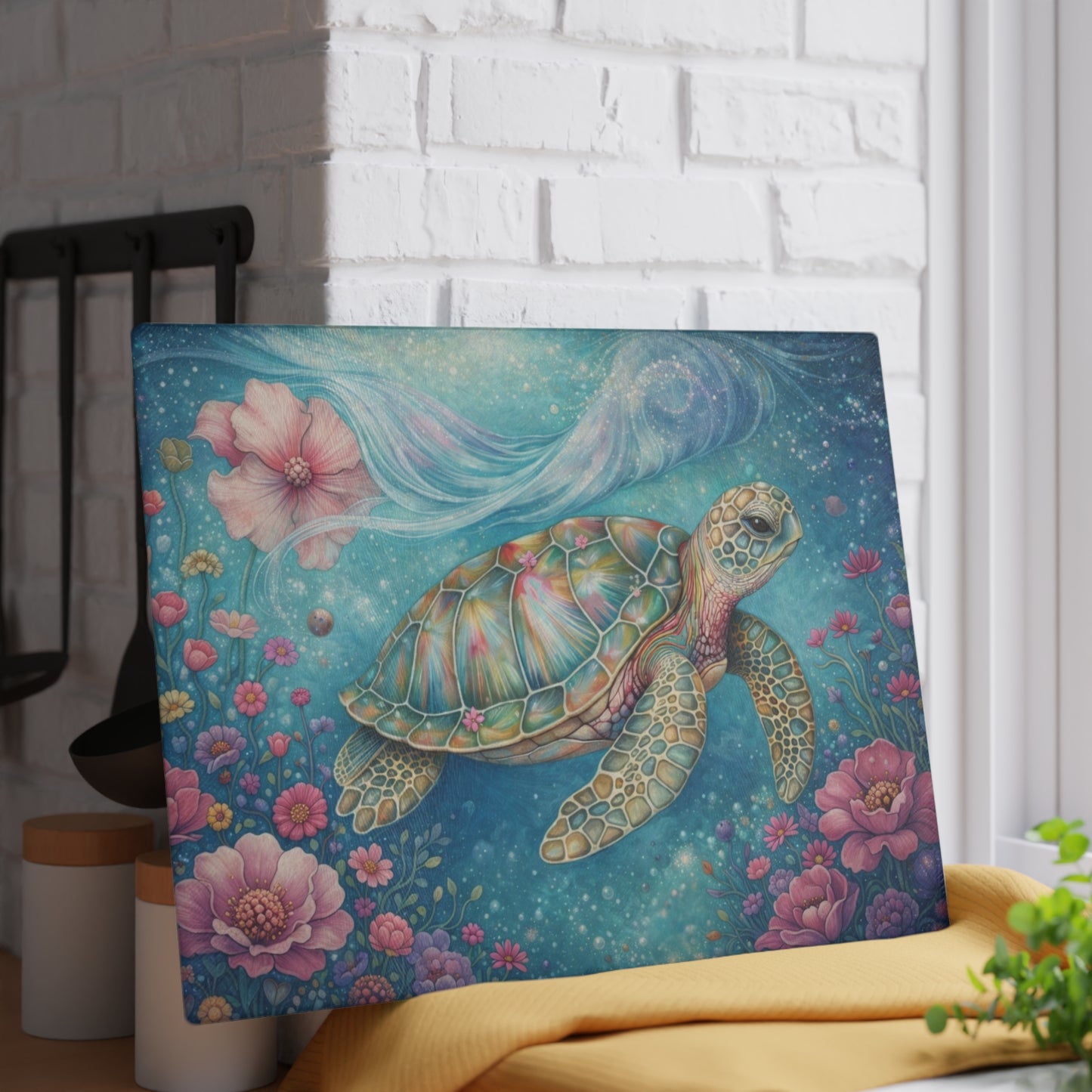 Floral Sea Turtle Glass Cutting Board – Dreamy Ocean Garden with Soft Pastel Blooms
