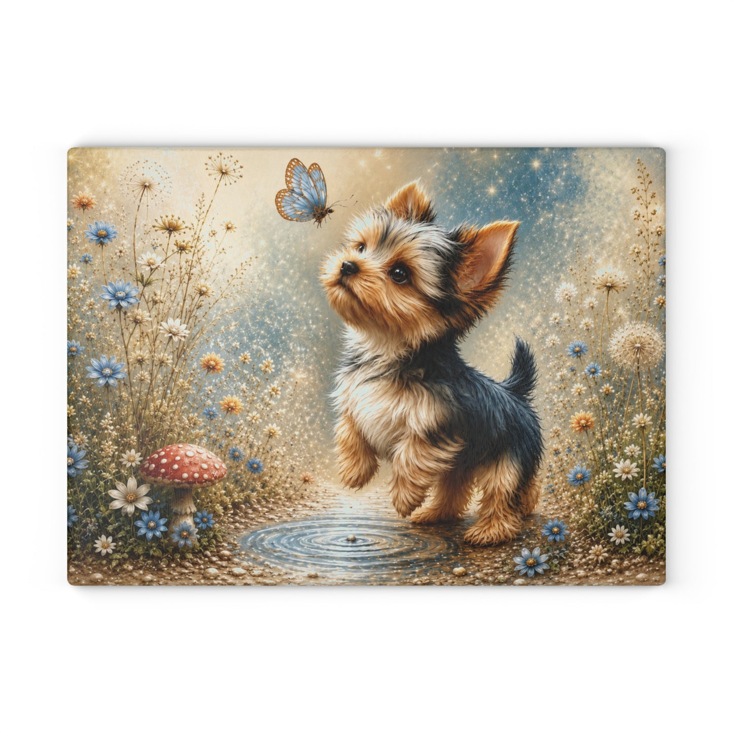 Whimsical Yorkie Butterfly Glass Cutting Board