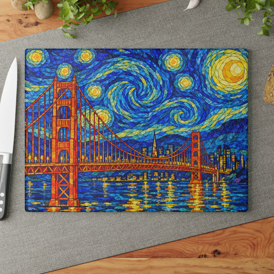 Golden Gate Bridge Starry Night Stained-Glass-Inspired Glass Cutting Board – San Francisco Decor