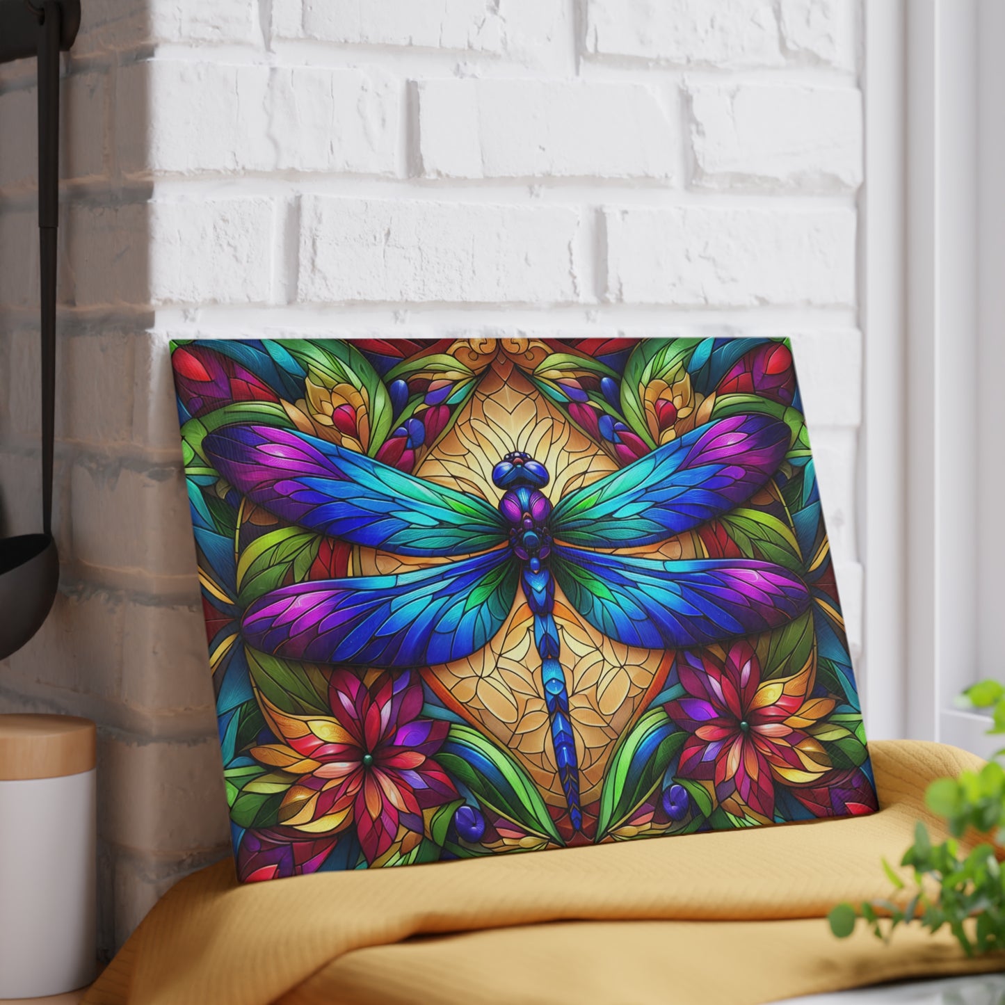Stained Glass Dragonfly Glass Cutting Board – Colorful Botanical Art Kitchen Display