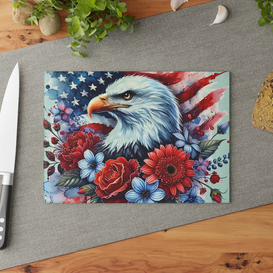 Tabla de cortar con diseño de águila calva y bandera estadounidense, regalo único, tabla de cortar de vidrio, tabla de charcutería, tabla de cortar personalizada, flores