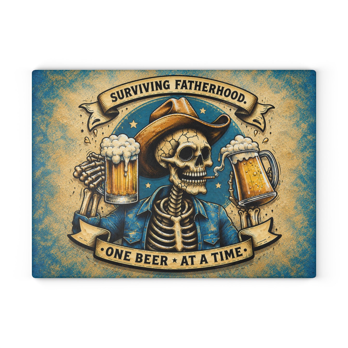 Surviving Fatherhood One Beer at a Time Glass Cutting Board – Funny Dad Skeleton Cowboy Decor
