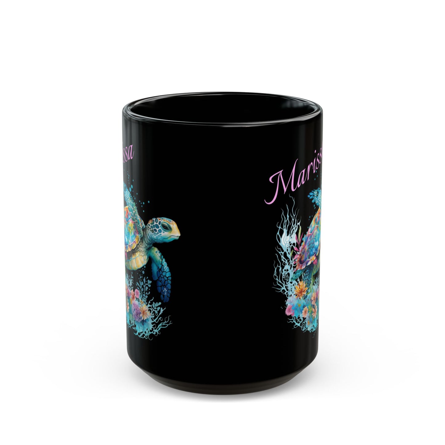 Taza de café personalizada de tortuga marina negra (15 oz) para amantes del océano, taza personalizada del océano, regalo para amantes del mar, taza de café costera, idea de regalo tropical, fanático de las tortugas marinas