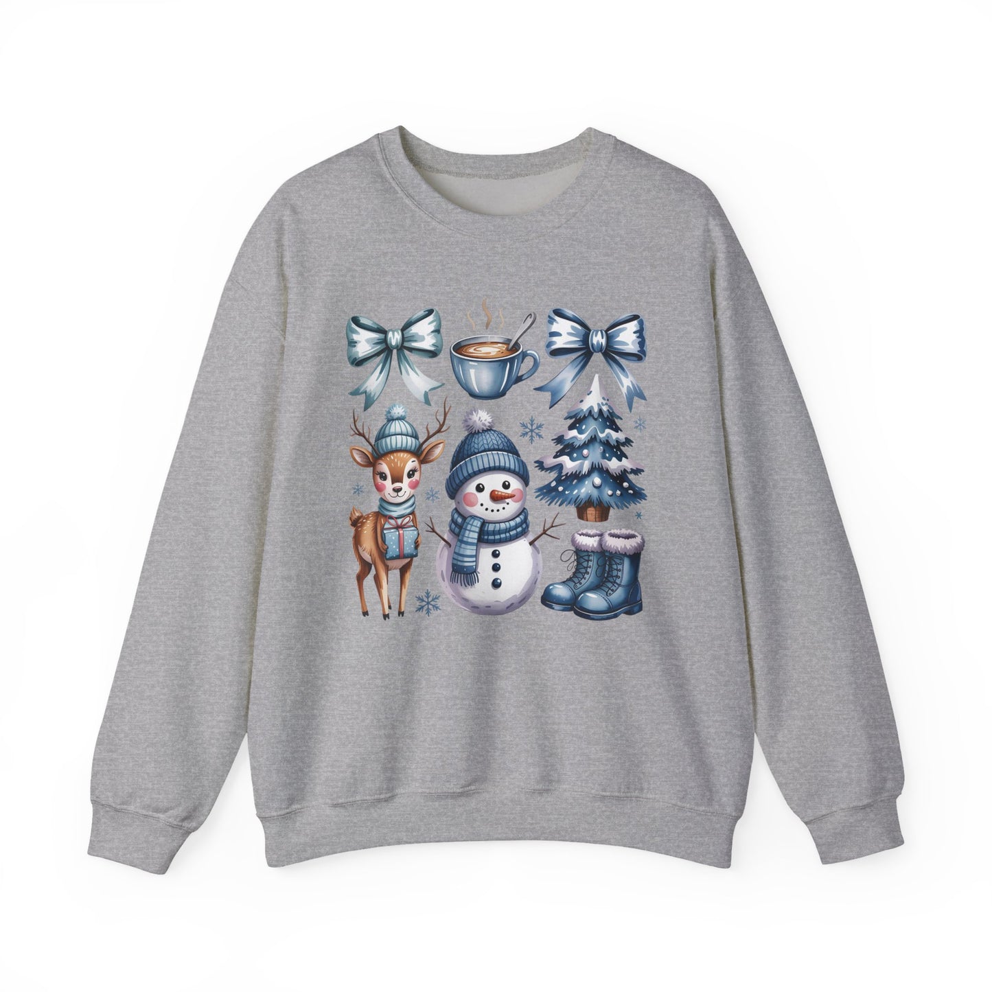 ❄️💙 Cozy Winter Vibes Crewneck – Reindeer, Snowman, Cocoa & Bows