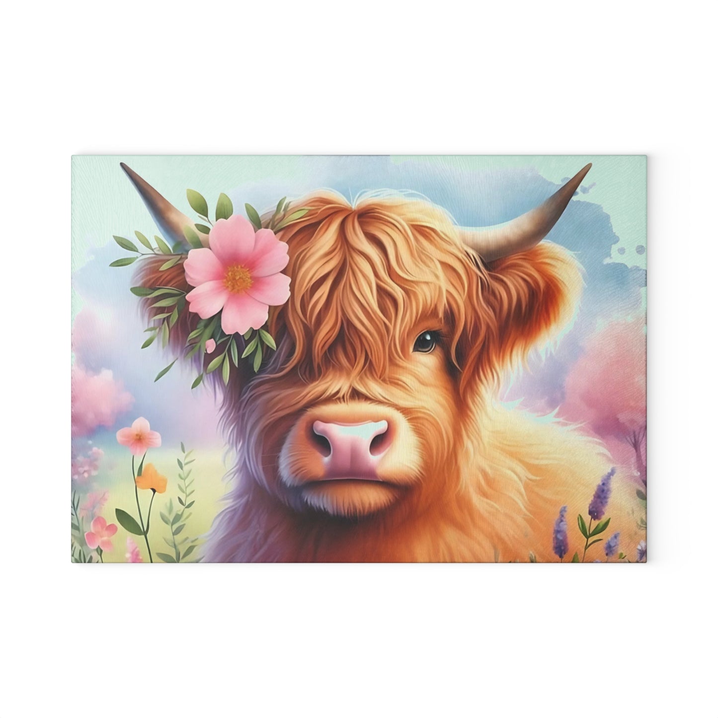 🐮 Highland Cow with Floral Crown – Rustic Farmhouse Glass Cutting Board