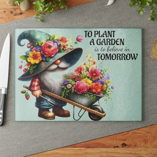 🌸🧙‍♂️ Garden Gnome Floral Cutting Board – Whimsical Kitchen Décor with Inspirational Quote 🌿✨