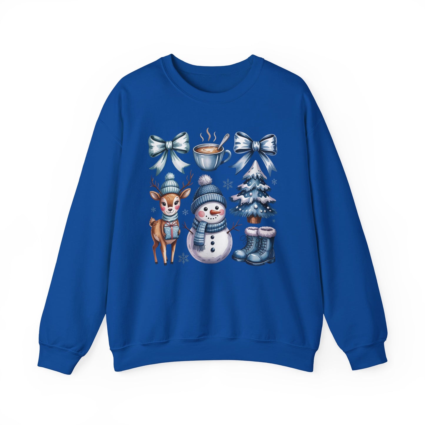 ❄️💙 Cozy Winter Vibes Crewneck – Reindeer, Snowman, Cocoa & Bows