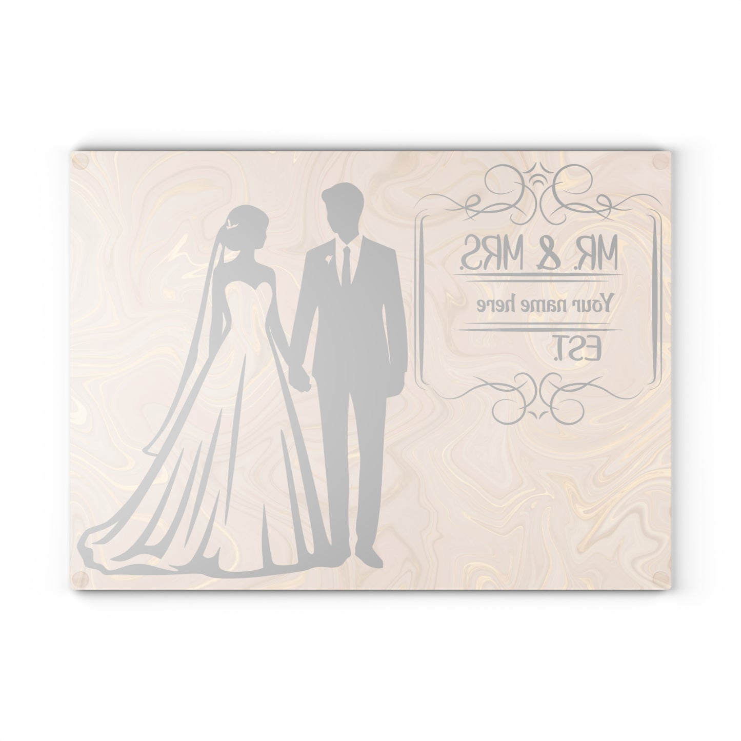 👰‍♀️ Tabla de cortar elegante con aspecto de mármol para Sr. y Sra.: regalo de boda personalizado con apellido y año