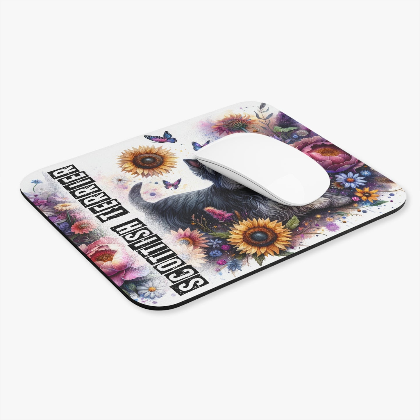🖱️🏴🌻 Scottish Terrier Mouse Pad – Happy Scottie with Sunflowers & Florals