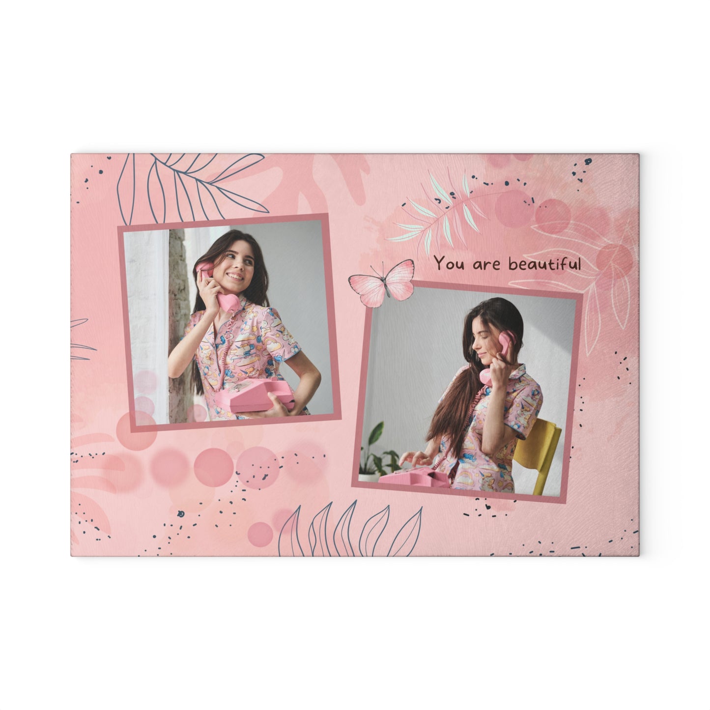 You Are Beautiful Photo Collage Glass Cutting Board – Pink Butterfly Inspirational Keepsake
