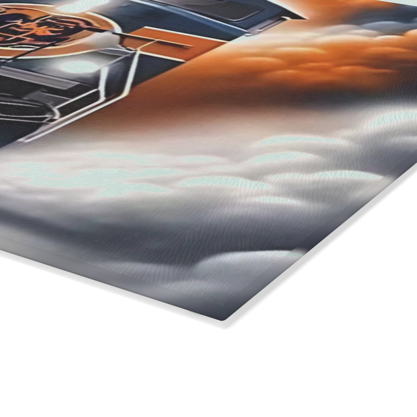 Navy & Orange Express Glass Cutting Board – Striking Train Art for Bold Kitchens