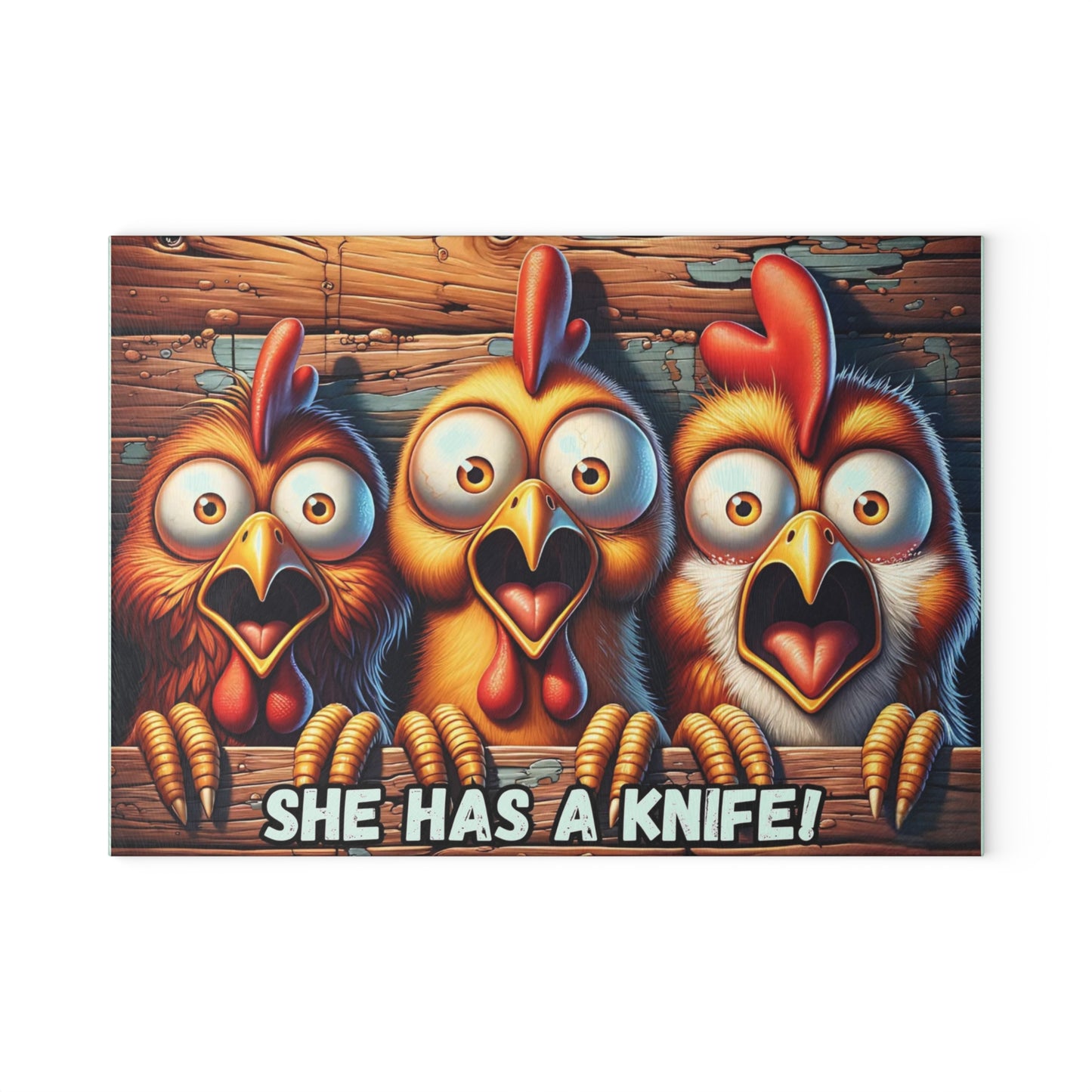 🐔🔪 “She Has a Knife!” Glass Cutting Board – Farmhouse Fun with a Spooky Twist