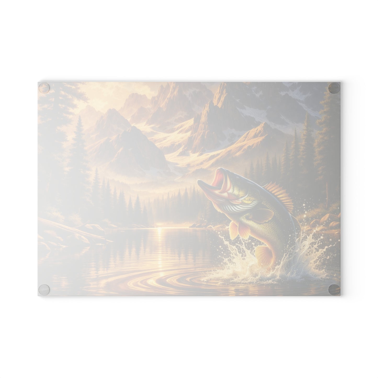 Golden Mountain Bass Glass Cutting Board – Rustic Fishing Lake Landscape Kitchen Art